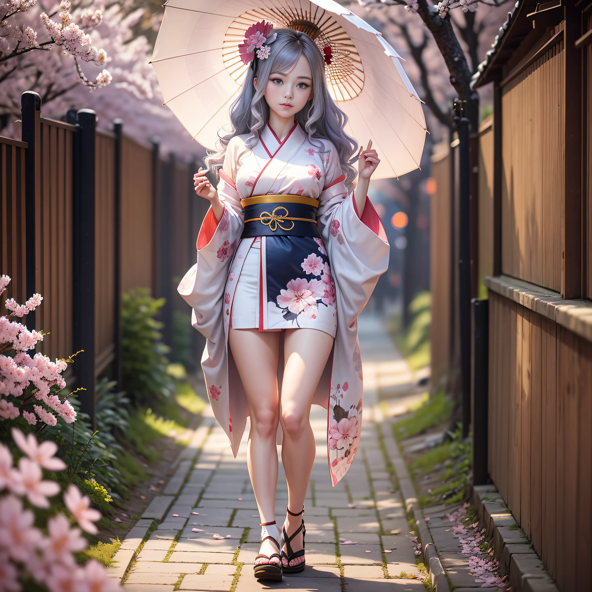 full body,full shot,sfw,beautiful russian girl in the image of a geisha with big bright blue eyes and long fluffy eyelashes Nordic type with a perfect graceful figure and very long and fluffy wavy hair of wheat colour stands in full growth on the avenue on the background of flowering Japanese pink sakura in Japanese kimono and Japanese gete shoes, the girl kimono transparent, through it transpires small breasts with bulging, girl is holding a white sun umbrella, the ground on which the girl is standing is often strewn with sakura petals, the scene is highly artistic, high detail, clear focus, Migjorni V5 style, hyperphotorealism, perfect proportions, golden ratio, Leonardo Davinci style, Jerry Gionis style, backlight, outline, sunlight, soft foreglow, soft focus, Photo Monocle style.  - --auto --s2