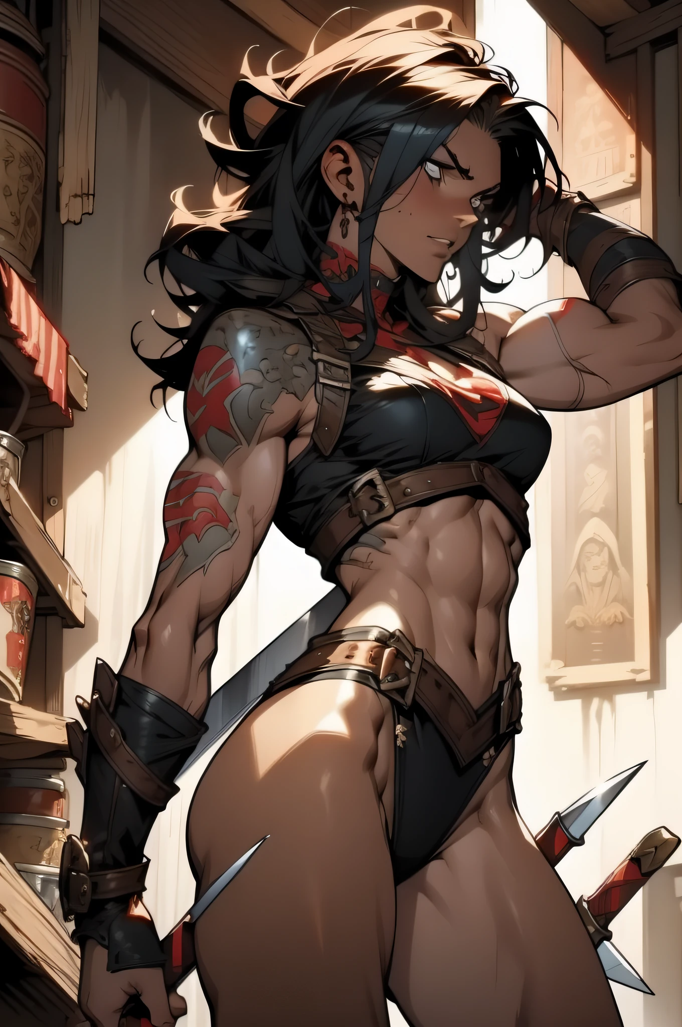 ((Simon Bisley)), Beautiful full-bodied woman, 30 years old, muscular and perfect body, barbarian warrior with little clothing, tiny thong, large breasts, generous neckline, holding a blood-stained sword, brave face, dark kingdom, sexy pose, walking inside a tavern full of mischievous men