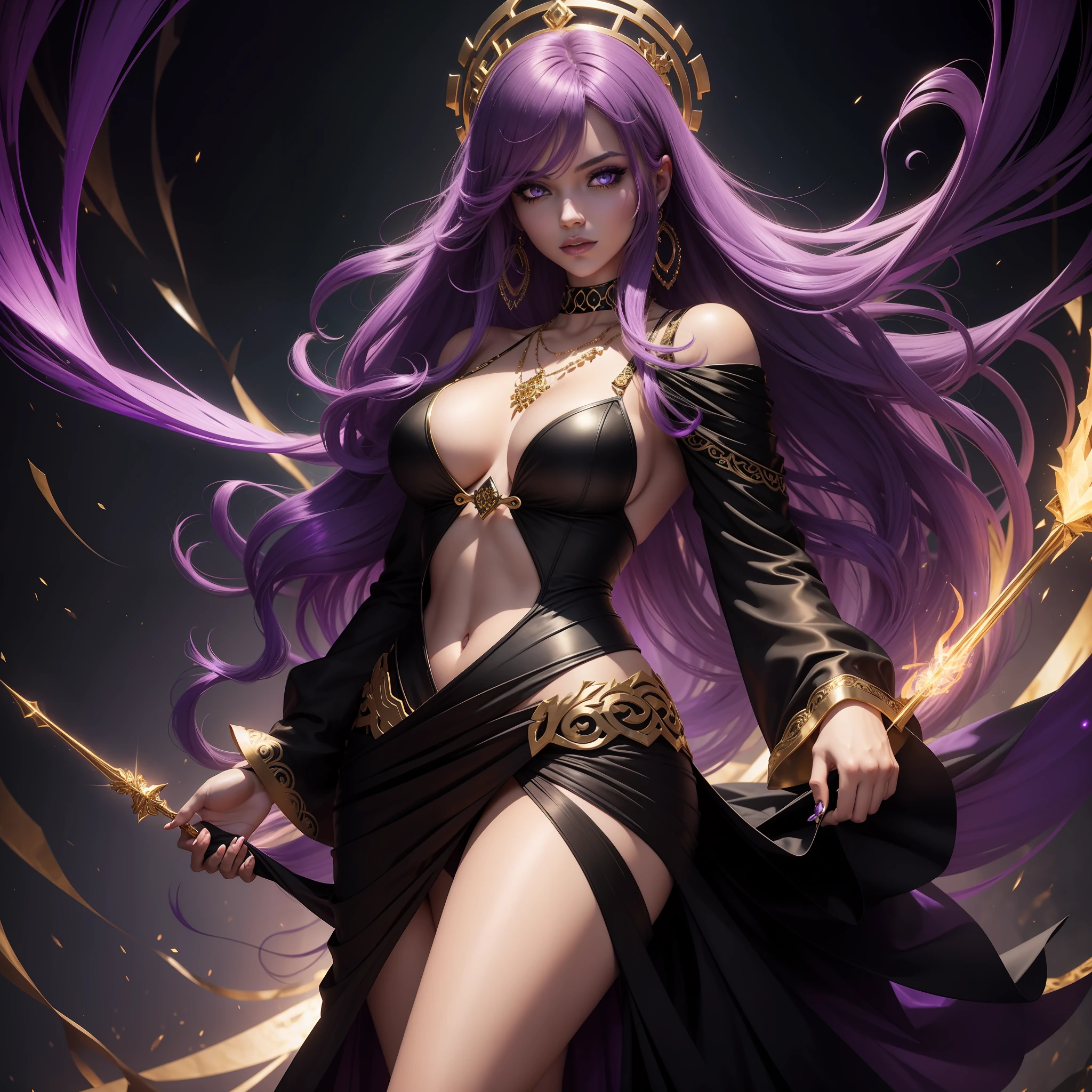 a woman with bright amethyst hair and eyes, golden jewelry and adornments, black clothes with glittering gold, dominant look wrapped in an aura of darkness, full body