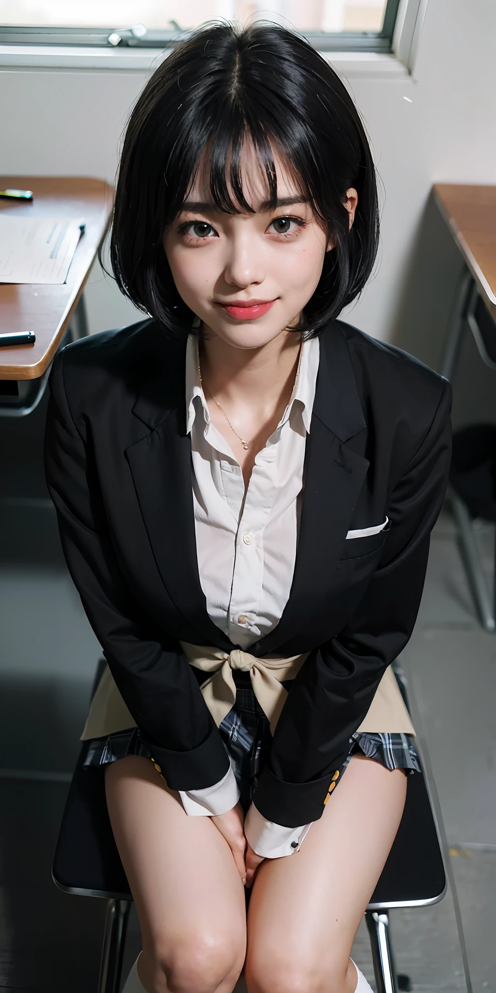 ((8k, RAW photos, top quality, masterpieces), high-definition RAW color photos professional close-up photos, (realistic, photorealism: 1.37), (highest quality), (best shadows), (best illustrations), collarbones ((big)), ((erotic, sexy, ultra high resolution, high-definition CG unified 8K wallpapers, physically based rendering, movie lighting), (aegyo sal:1), 18 year old girl, (grey blazer, ribbon, socks, high school uniform: 1.2), high school classroom, beautiful detail eyes, light on the face, ((full body shot: 1.2)), especially strong light, (upper eyes, grinning smile:1.2),shiny skin, (((black hair, bob hair:1.2))), ( thick thighs), ulzzang-6500-v1.1:0.2, shy, (flash:1.2), NSFW, (puffy), ((seductive posture: 1.2, attractive: 1.2)), (idle), ((sitting at a desk in classroom: 1.2)), ((good anatomy: 1.2)), ((bright and refreshing classroom, background blurred: 1.2)), perfect face, pretty face, (high angle shot: 1.2), skirt twisted