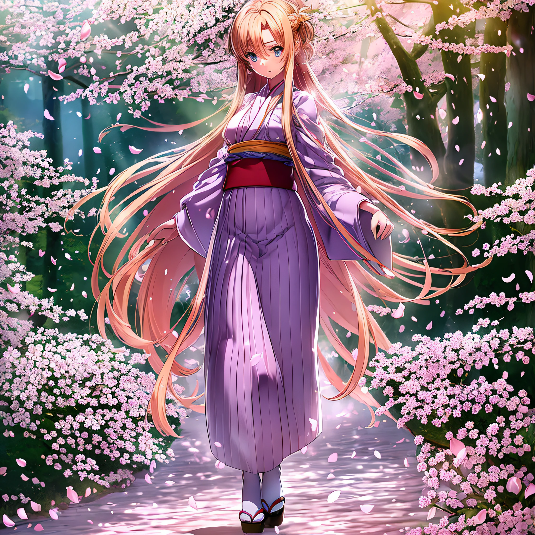 full body,full shot,sfw,beautiful russian girl in the image of a geisha with big bright blue eyes and long fluffy eyelashes Nordic type with a perfect graceful figure and very long and fluffy wavy hair of wheat colour stands in full growth on the avenue on the background of flowering Japanese pink sakura in Japanese kimono and Japanese gete shoes, the girl kimono transparent, through it transpires small breasts with bulging, girl is holding a white sun umbrella, the ground on which the girl is standing is often strewn with sakura petals, the scene is highly artistic, high detail, clear focus, Migjorni V5 style, hyperphotorealism, perfect proportions, golden ratio, Leonardo Davinci style, Jerry Gionis style, backlight, outline, sunlight, soft foreglow, soft focus, Photo Monocle style.  - --auto --s2