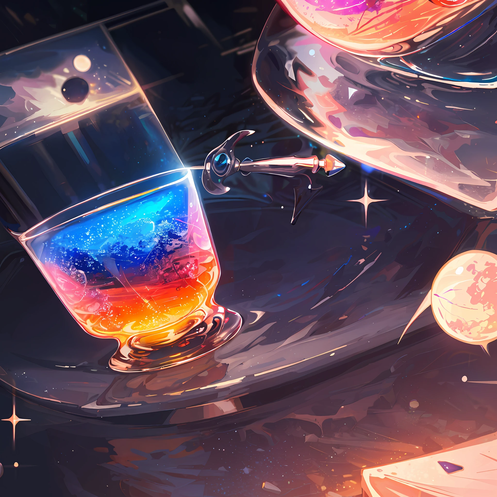 masterpiece, top quality, ultra detail, cocktail world, landscape, midnight, starry sky and moon in glass, blurred background, no humans,