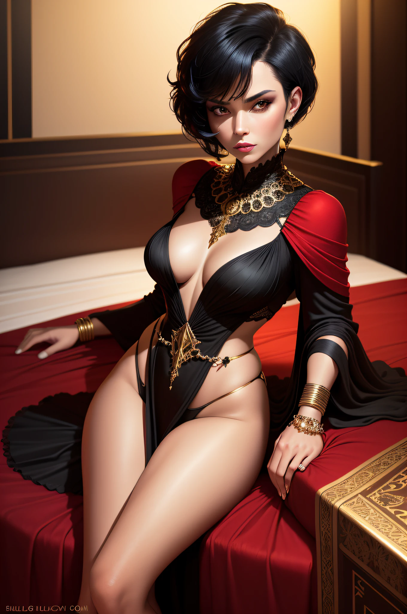 (masterpiece, best quality), beautiful woman, sultry face, 1lady, solo, elaborate black and red robe, short black hair, brown eyes, elaborate bedroom, gold bracelets, small breasts, narrow hips, sitting on the bed