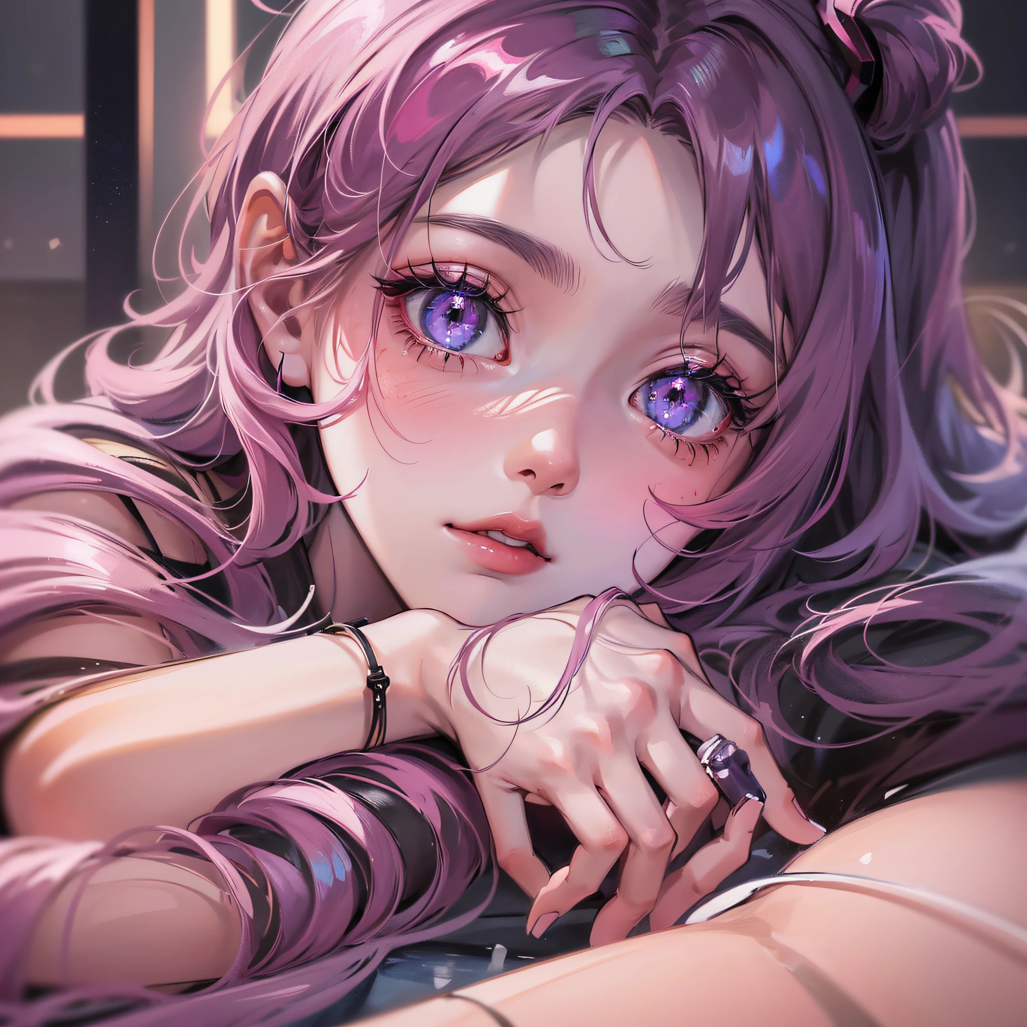 Make a girl with the pink skin tone, with beautiful eyes and deep as the night sky, with a half-sad face lying on her hands on a table, looking at you, with a kind of anime/semi-realistic style art --auto --s2