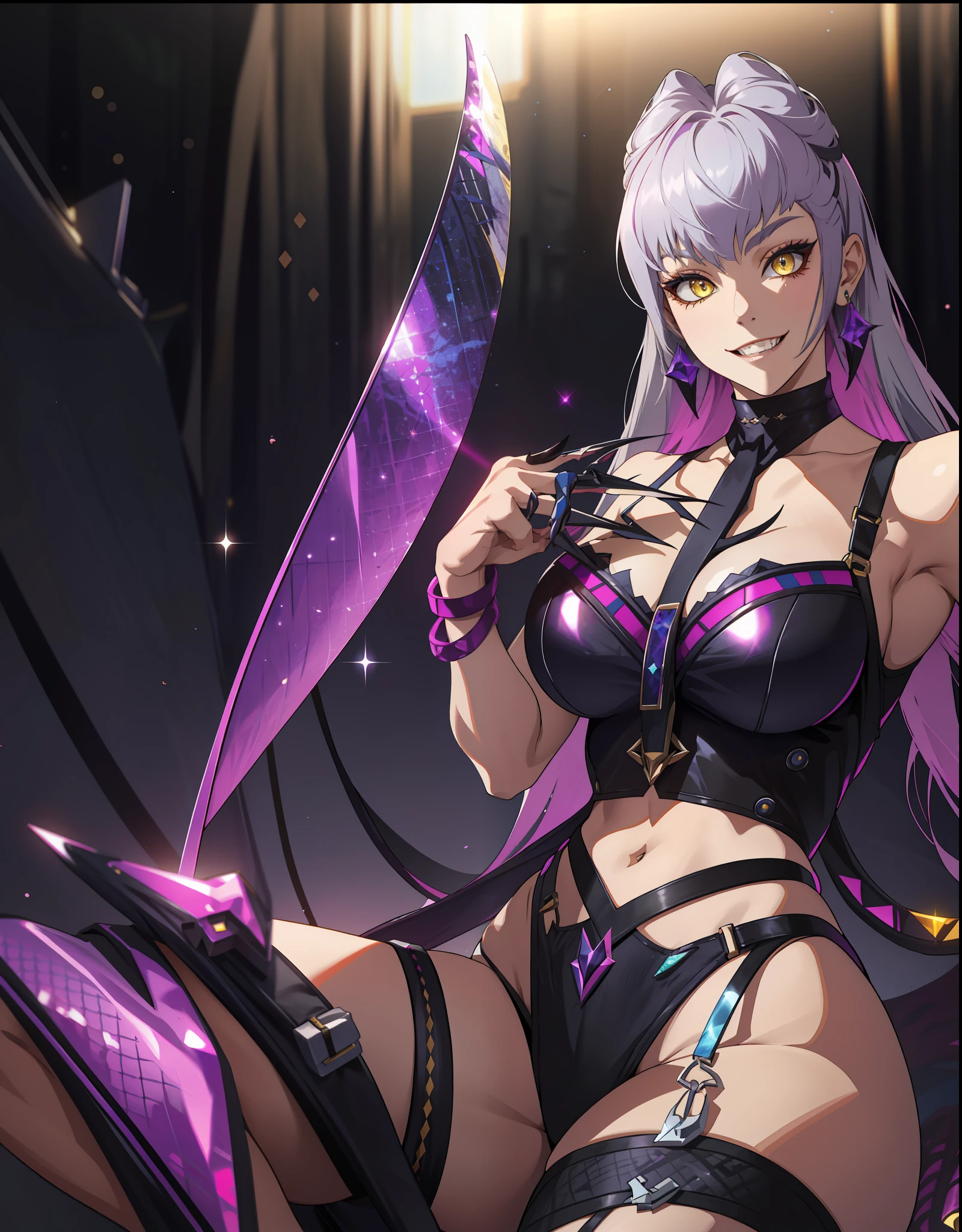 masterpiece, best quality, highres, Evelynn1, 1girl, solo, gray hair, k/da \(league of legends\), multicolored hair, yellow eyes, stylish hair, sharp claws, large breasts, busty body, micro bikini, smile, legs wide spread