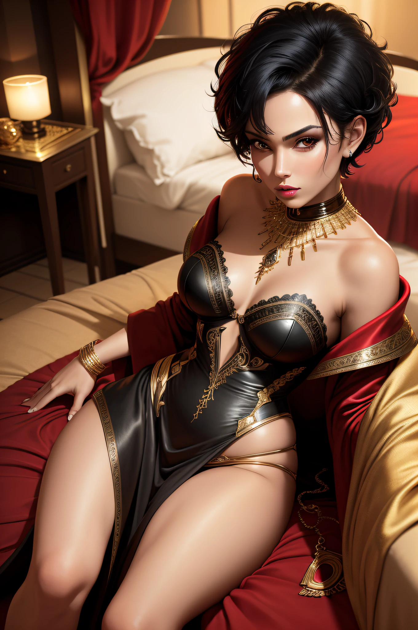 (masterpiece, best quality), beautiful woman, sultry face, 1lady, solo, elaborate black and red robe, short black hair, brown eyes, elaborate bedroom, gold bracelets, small breasts, narrow hips, sitting on the bed