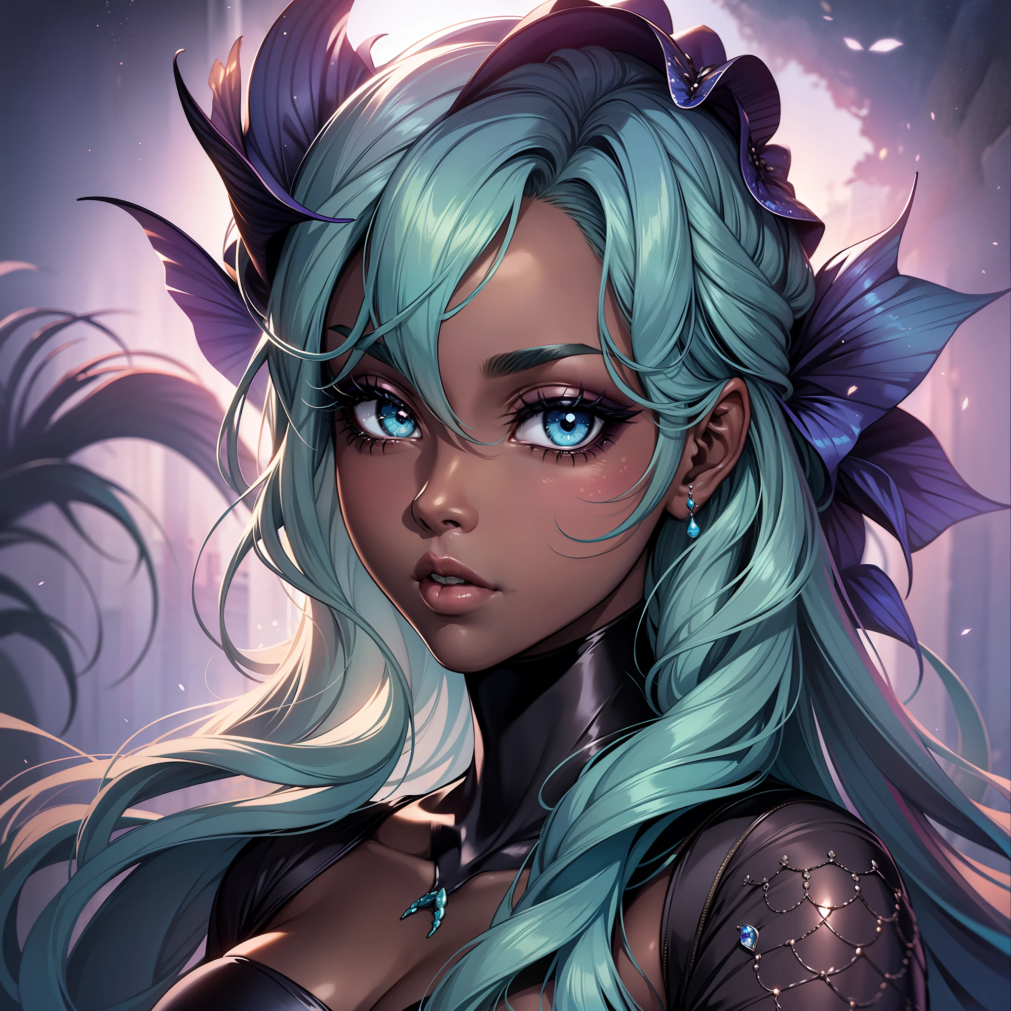 (a young woman:1.2)| (a girl:1.1), dark skin, portrait, makeup, super detailed, mermaid style, seabed, straight look, contoured.