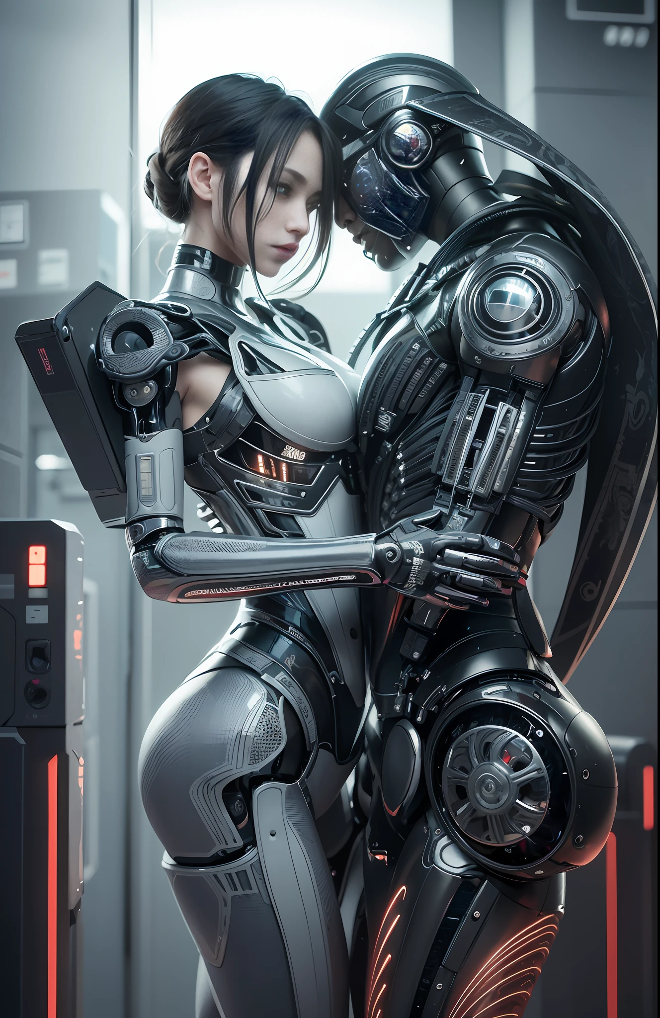 A 25 year old realistic real man in jacket clothes and a female robot passionately lingering hugging and kissing, complex 3d rendering very detailed beautiful ceramic silhouette female robot face, robot, robot parts, 150mm, beautiful studio soft light, edge light, vibrant details, luxurious cyberpunk, lace, surrealism, anatomy, facial muscles, cable wire, microchip, elegant, beautiful background, octane rendering, HR Giger style, 8k, best quality, masterpiece, illustration, very refined and beautiful, very detailed, CG, unified, wallpaper, (realism, realism: 1.37), amazing, fine detail, masterpiece, best quality, full body,