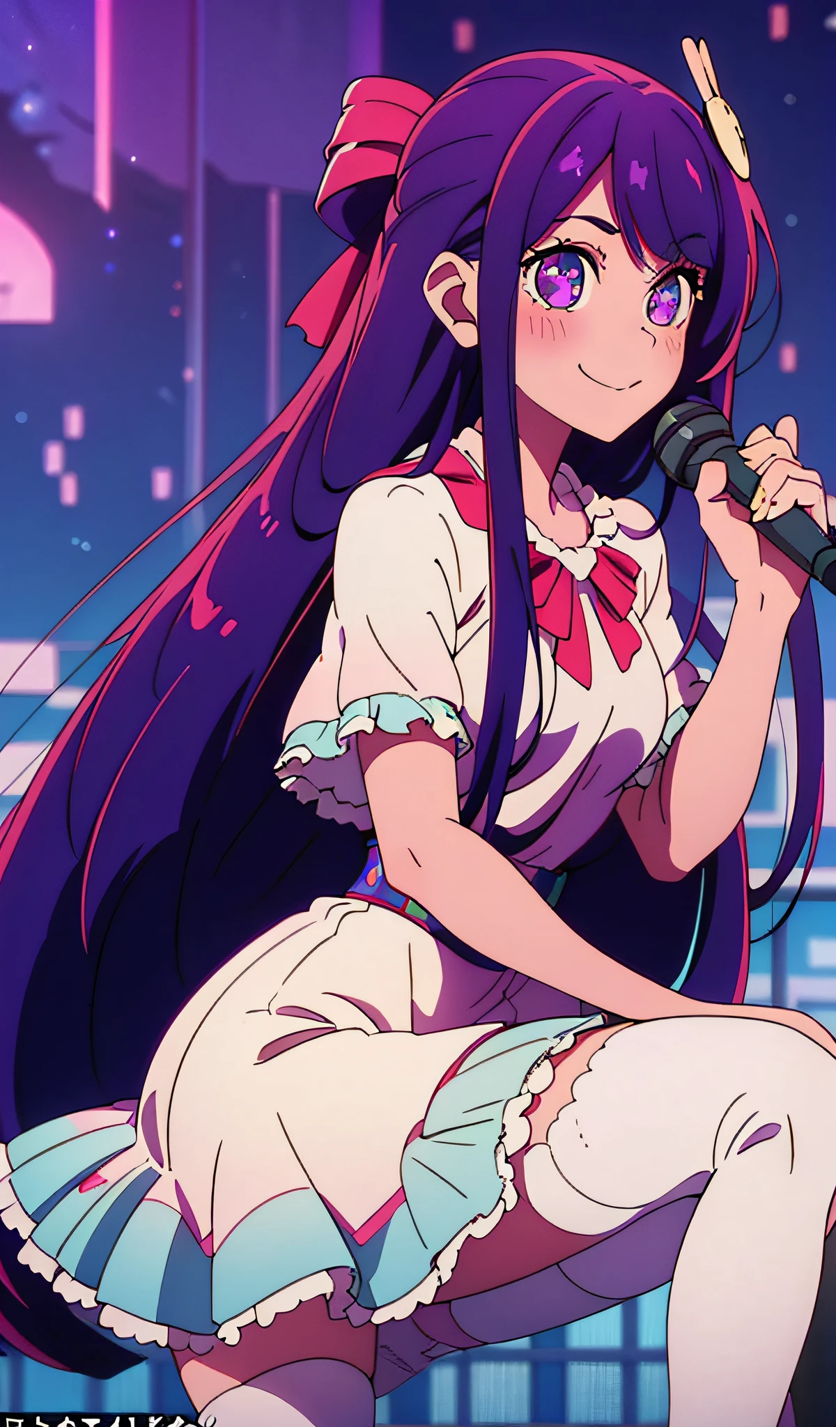 (1 Girl: 0.6) Ai Hoshino, girl with long hair holding a magic wand and purple dress, purple albedo, anime moe art style, (movie quality: 0.3), anime shoujo, singer, purple eyes, magical girl, zero sauce art, magical girl anime majo, white shirt, purple long hair, (stockings), (star pupil: 1.5), (delicate facial features: 0.6), head decoration, (delicate hands: 0.9), white dress, (big eyes: 0.5), smile, room, standing, high heels, (pattern decoration on head), normal head, (tall long legs: 0.8), (long purple hair: 0.5), (shawl scatter), (diamond shine: 0.9), (crouching), (bright smile: 0.9)
