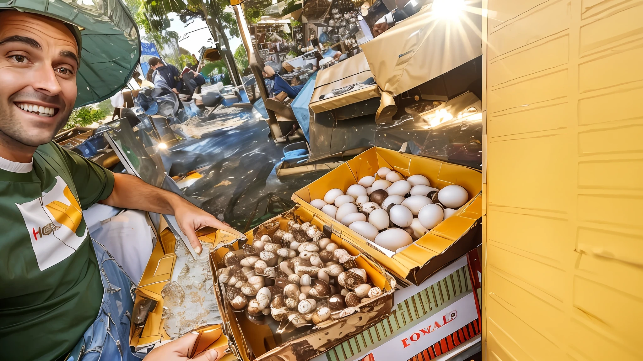 There's a man sitting next to a box of quail eggs giving a laugh