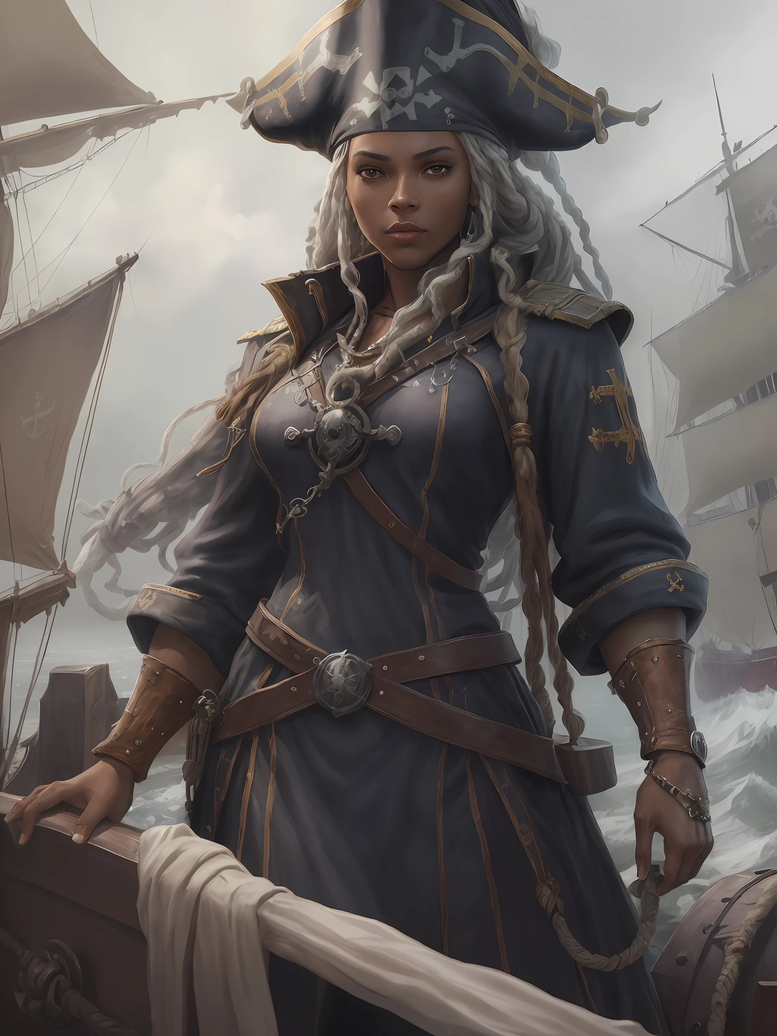 highly detailed RAW color photo, masterpiece, ultra detailed), (medieval pirate theme:1.3), (full body:0.6), solo, 1 very black woman, beautiful, (ship captain:1.5), tall and strong, long white dreads (dreads:1.5), vibrant white eyes, (detailed eyes and detailed face), looking at the viewer, wearing a (captain's uniform:1.4) navy blue with vibrant gold details, winter night in the background, standing (aboard a ship:1.6), leather and cold winter skin (cold clothes:1.3), beautiful night of overcast sky (fog: 1.2) (rain: 1.1) (winter: 1.4) (masterpiece: 1.2) (illustration: 1.1) (best quality: 1.2) (detailed) (intricate) (8k) (HDR) (wallpaper) (cinematic lighting) (sharp focus) (photography, soft sky lighting, soft details, artstation trend, ultra high detail, ultra realistic, cinematic, 16k, digital art, Dungeon and Dragons-inspired art)
