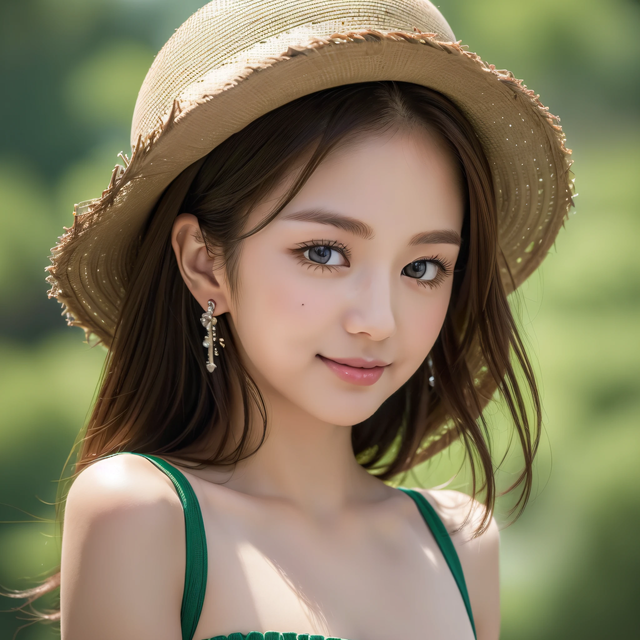 (best quality, masterpiece:1.4), detailed beautiful face and eyes,ultra detailed,high-resolution,4k,1girl, cowboy shot,medium shot ,simple flat green background, stand upright,Slightly left-facing body,(Face facing the front of the body, looking at another:1.5),smile,