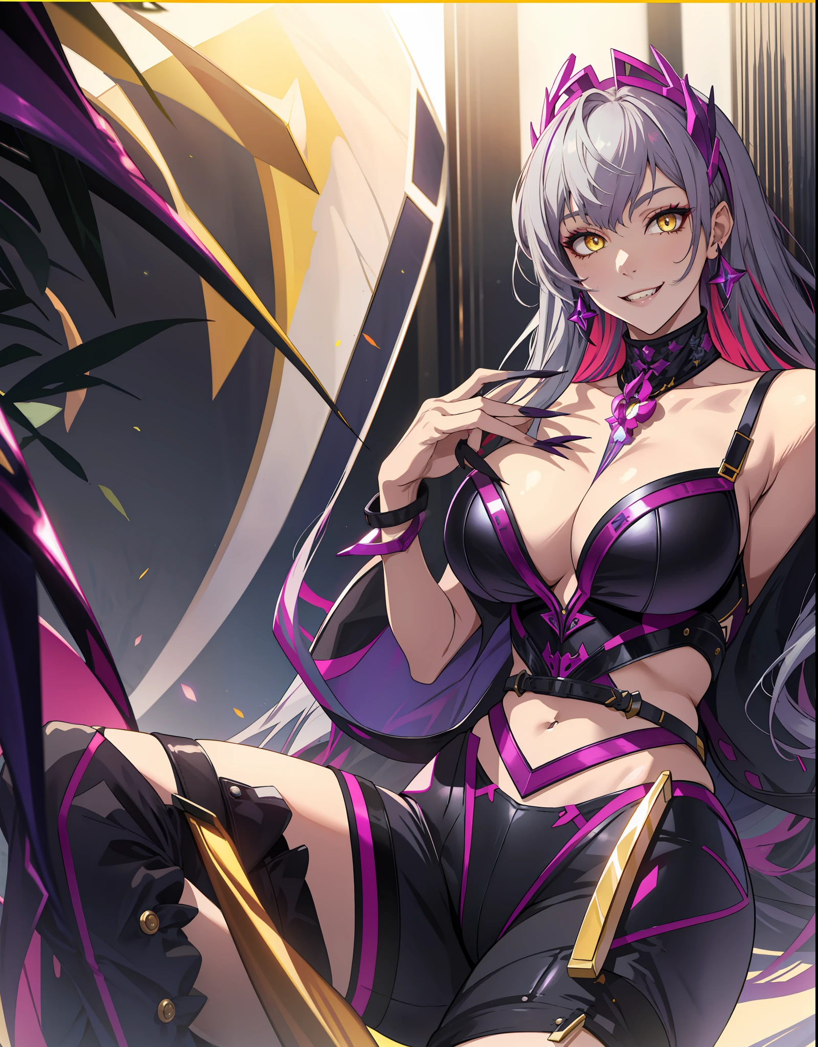 masterpiece, best quality, highres, Evelynn1, 1girl, solo, gray hair, k/da \(league of legends\), multicolored hair, yellow eyes, stylish hair, sharp claws, large breasts, busty body, micro bikini, smile, legs wide spread