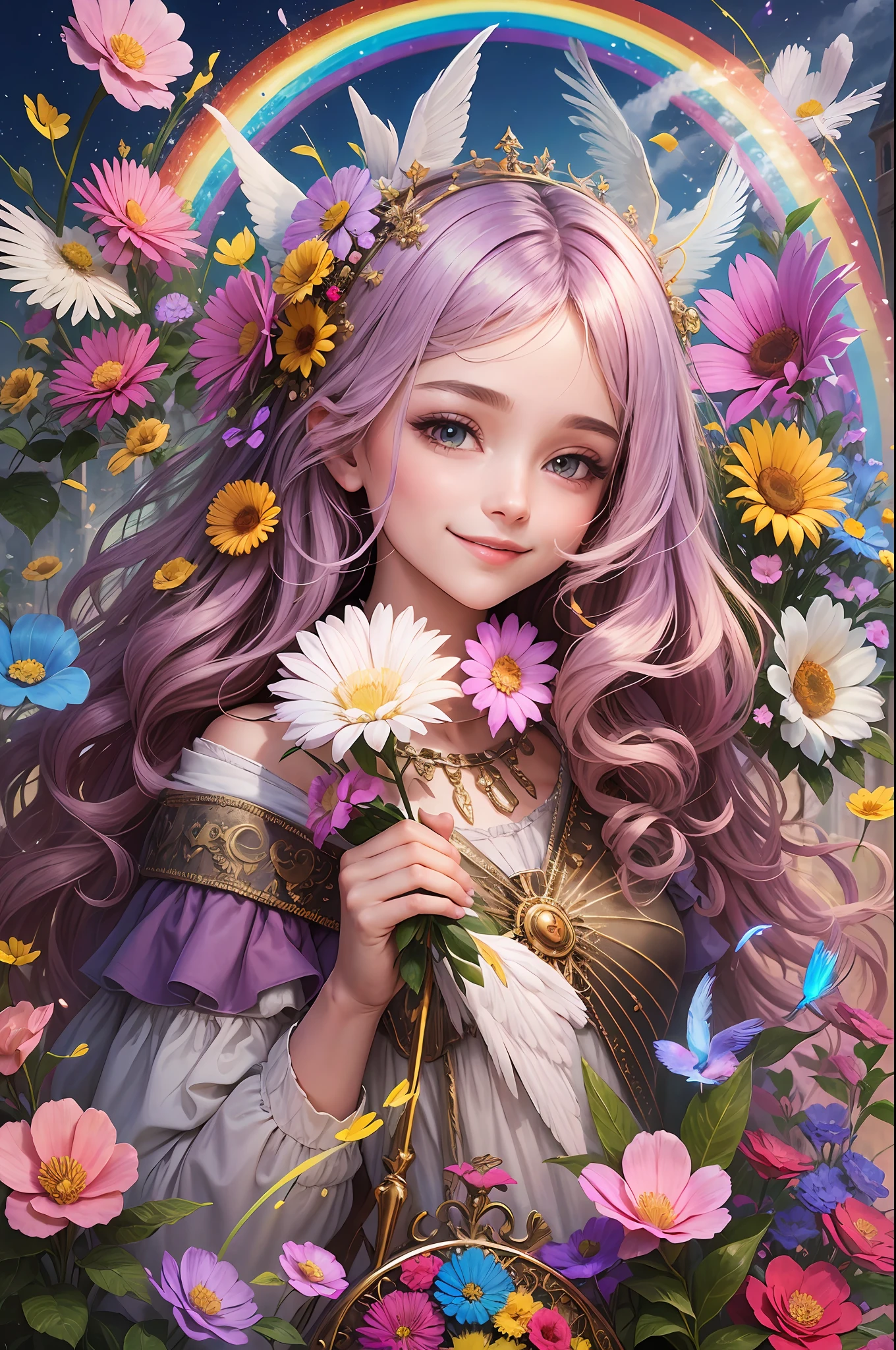 Always with angels, security, security, happiness, radiance, light, fantastic, flowers, rainbow, glitter, smile, feathers, heaven, heaven, medieval --auto --s2