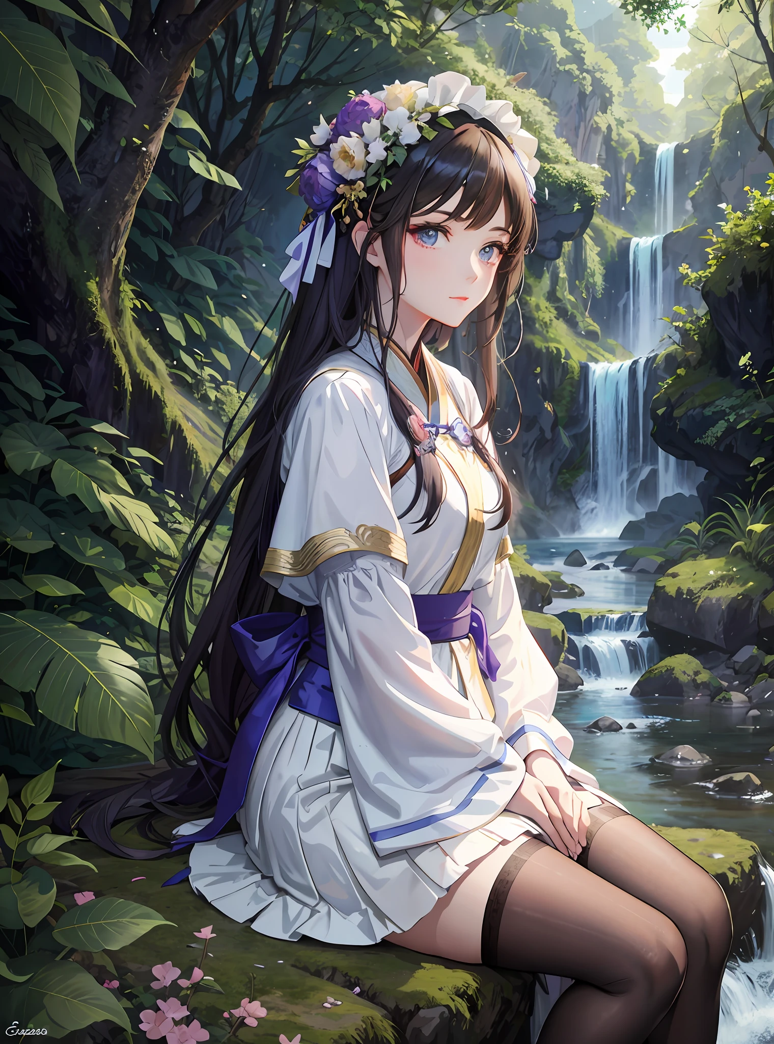 Anime girl sitting on the rock in front of the waterfall, palace, girl in Hanbok, Guviz-style artwork, beautiful anime girl, fantasy art style, beautiful anime portrait, beautiful girl, long-haired anime girl, beautiful character painting, Chinese goddess, Guviz,, beautiful fantasy anime, (masterpiece, top quality, best quality, official art, Beauty and Aesthetics: 1.2), (1girl: 1.3), Very Detailed, (Fractal Art: 1.2), Colorful, Most Detailed, (Zentangle: 1.2), (Dynamic Pose), (Abstract Background: 1.5), (Traditional Clothing: 1.2), (Shiny Skin), (Multiple Colors: 1.4), Upper Body