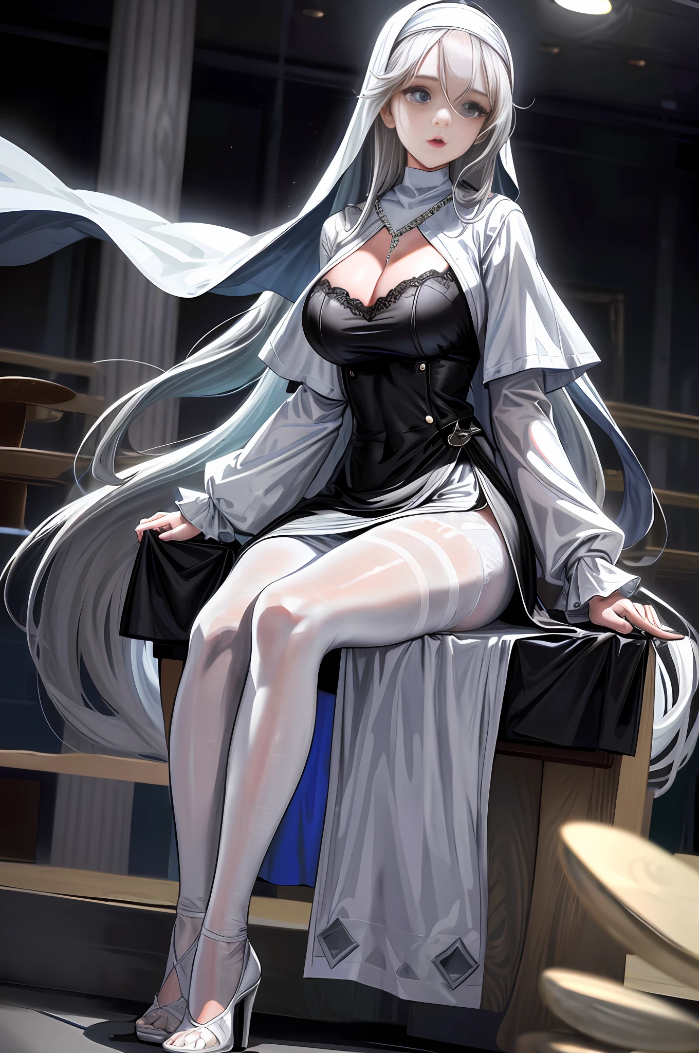 Best quality, masterpiece, high resolution, ultra-realistic 8k CG, beautiful girl with white hair, blue eyes, open mouth, puffy, plump body, nun bandana, (tunic|nun dress), fleshy thighs, (full body white pantyhose), black lace panties, high heels, (full body), look at the audience, spread your legs, spread your legs, spread your legs apart, expose your panties, see panties, symmetrical, charming, complex, sexy, elegant, hands interlocked, hair accessories, necklaces, cleavage, Tyndall effect, realistic, Dark Studio, Edge Lighting, Two-tone Lighting, (High Detail Skin: 1.2), 8K UHD, DSLR, Soft Light, High Quality, Volumetric Light, Voyeur, Photo, High Resolution, 4K, 8K, Background Blur,