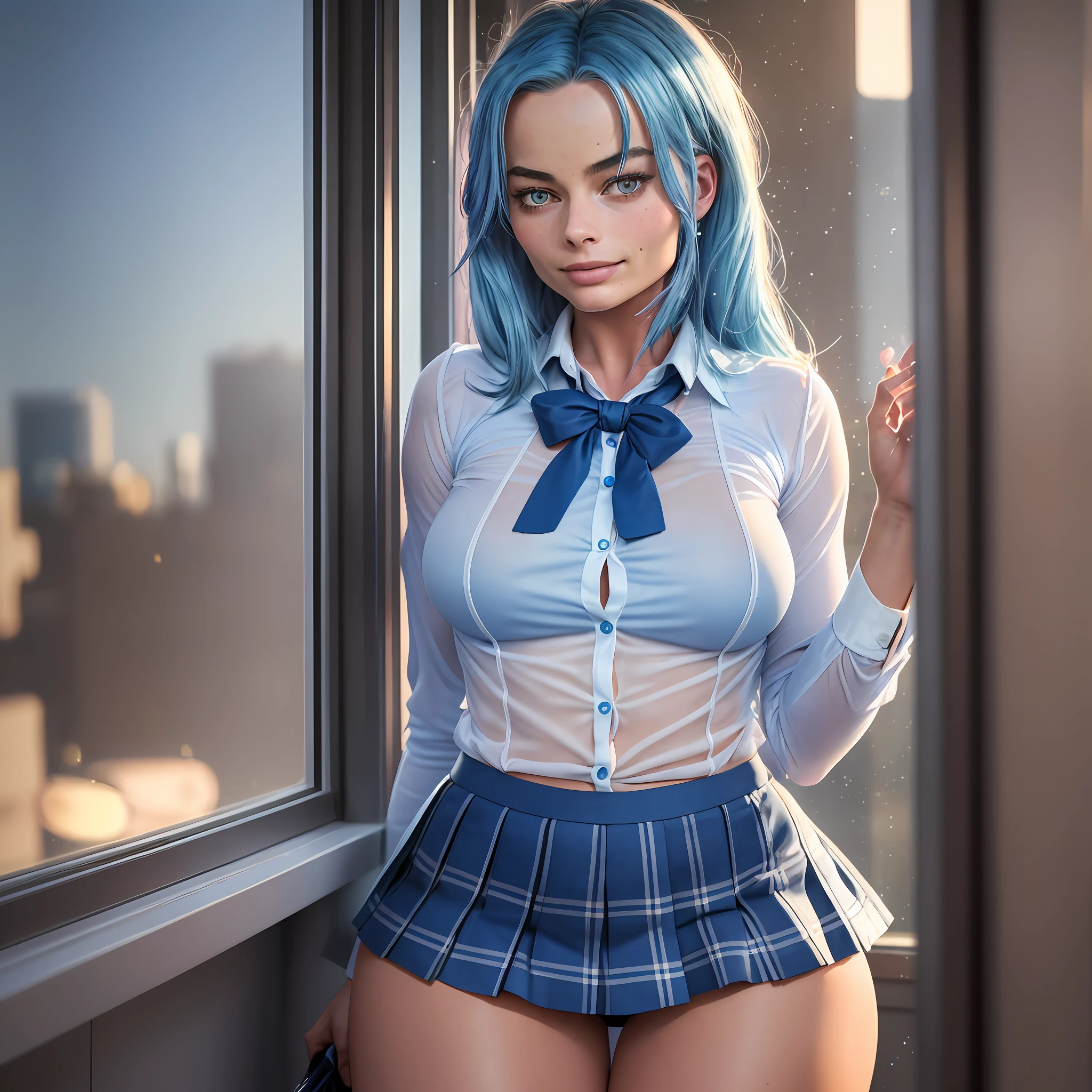 AGMM, 1girl, (Margot Robbie, blue hair, Colored_Skin:1.2), wearing wet see-through school uniform, large breasts, reveal, covered, skirt, thighhighs. inside building, classroom, sunbeams, bokeh, sparkles, evening, smile, sexy smile, --auto --s2