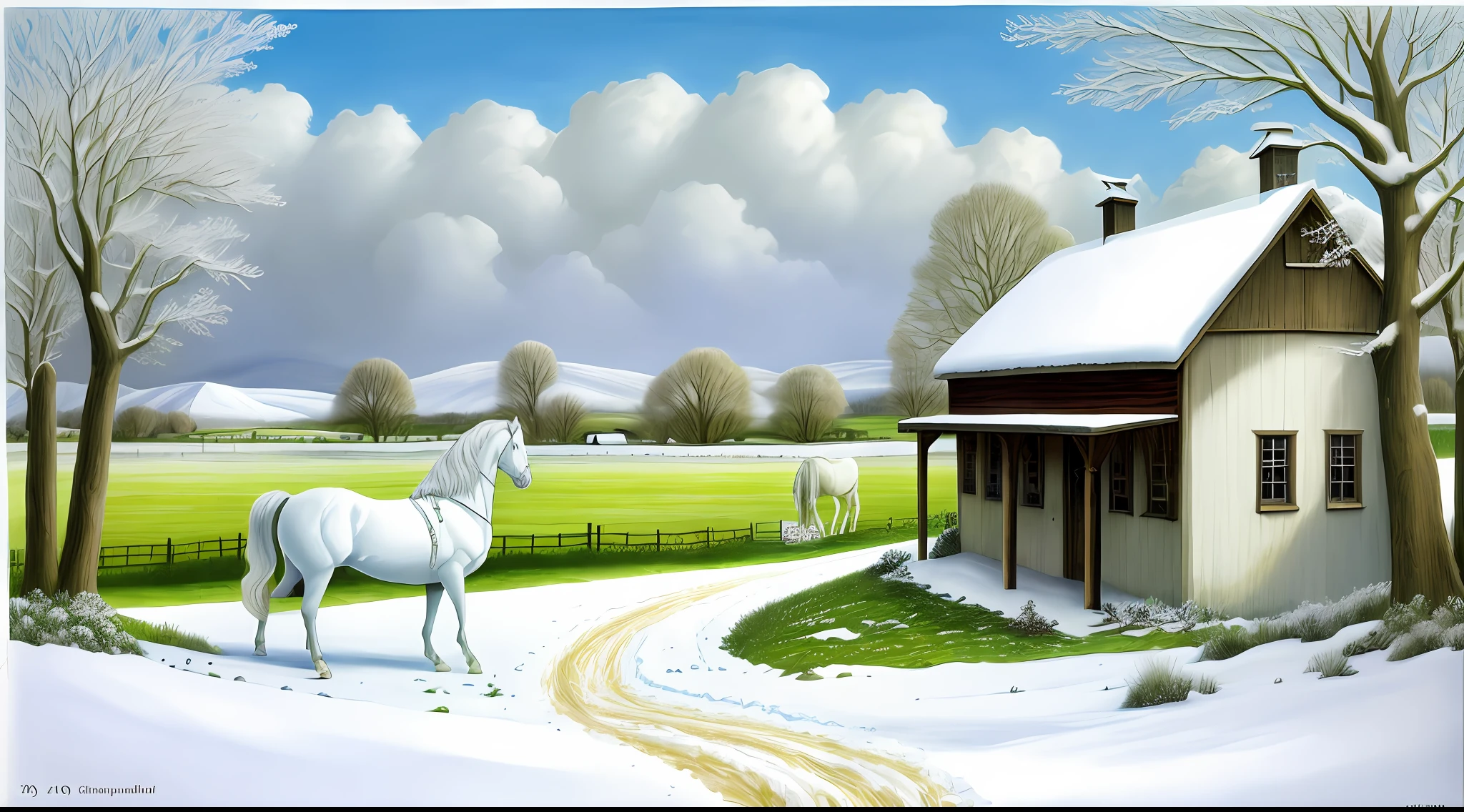 The Arrival at the Farm
White horse, Snow, 10 year old girl, Sofia, Farm, Spring, drawing,colorful, e-book