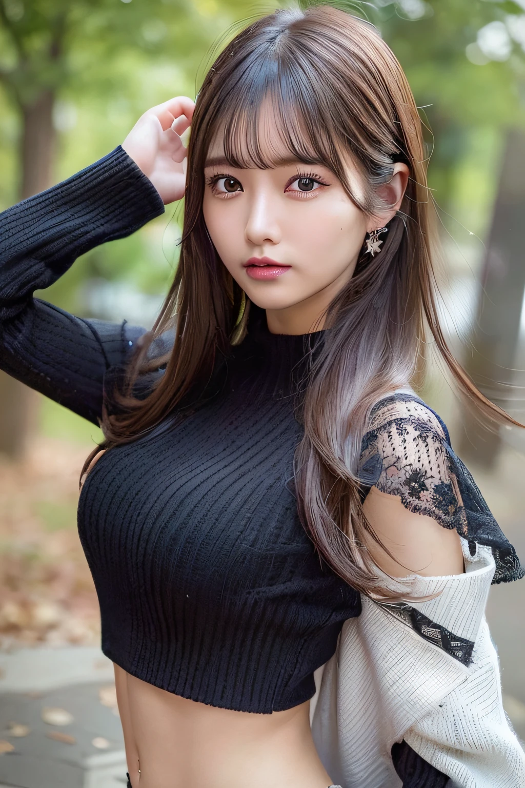 ((Best Quality:1.2, 8k, photo realistic:1.2, Masterpiece:1.2, super fine :1.2, a beautiful women, back light, Highly Detailed face Textures, detailed beauty makeup, realistic skin, detailed double eyelids, black eyes, detailed bangs)), ({{{light white ribbed sweater}}},bare arms:1.2),navel, (park background), (embarrassed), (detailed Brilliant shiny black on light flipped hair hair), ((cowboy shot)), ((low angle shot))