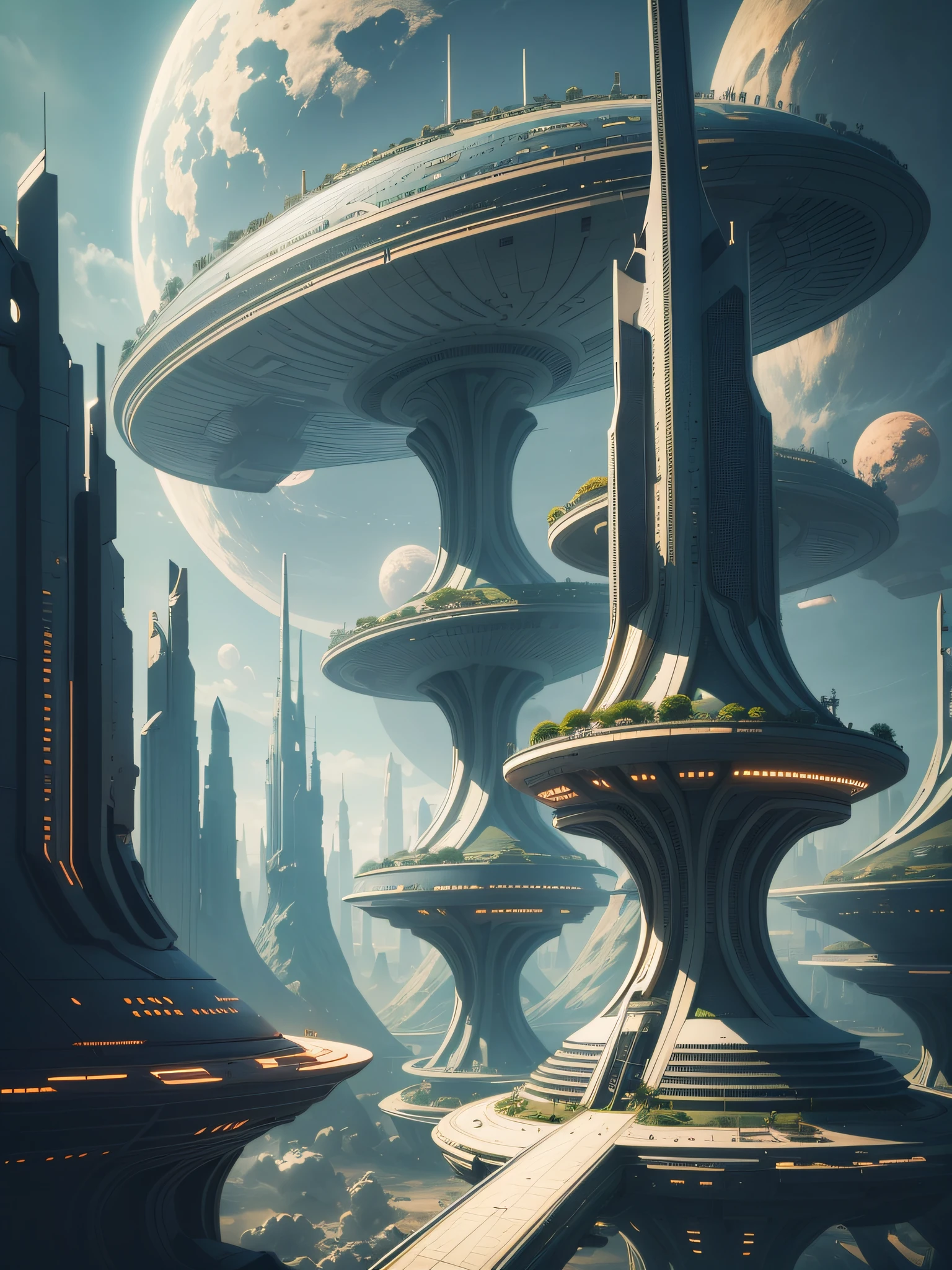 futuristic city, 24th century, spaceship, space colony, futuristic society