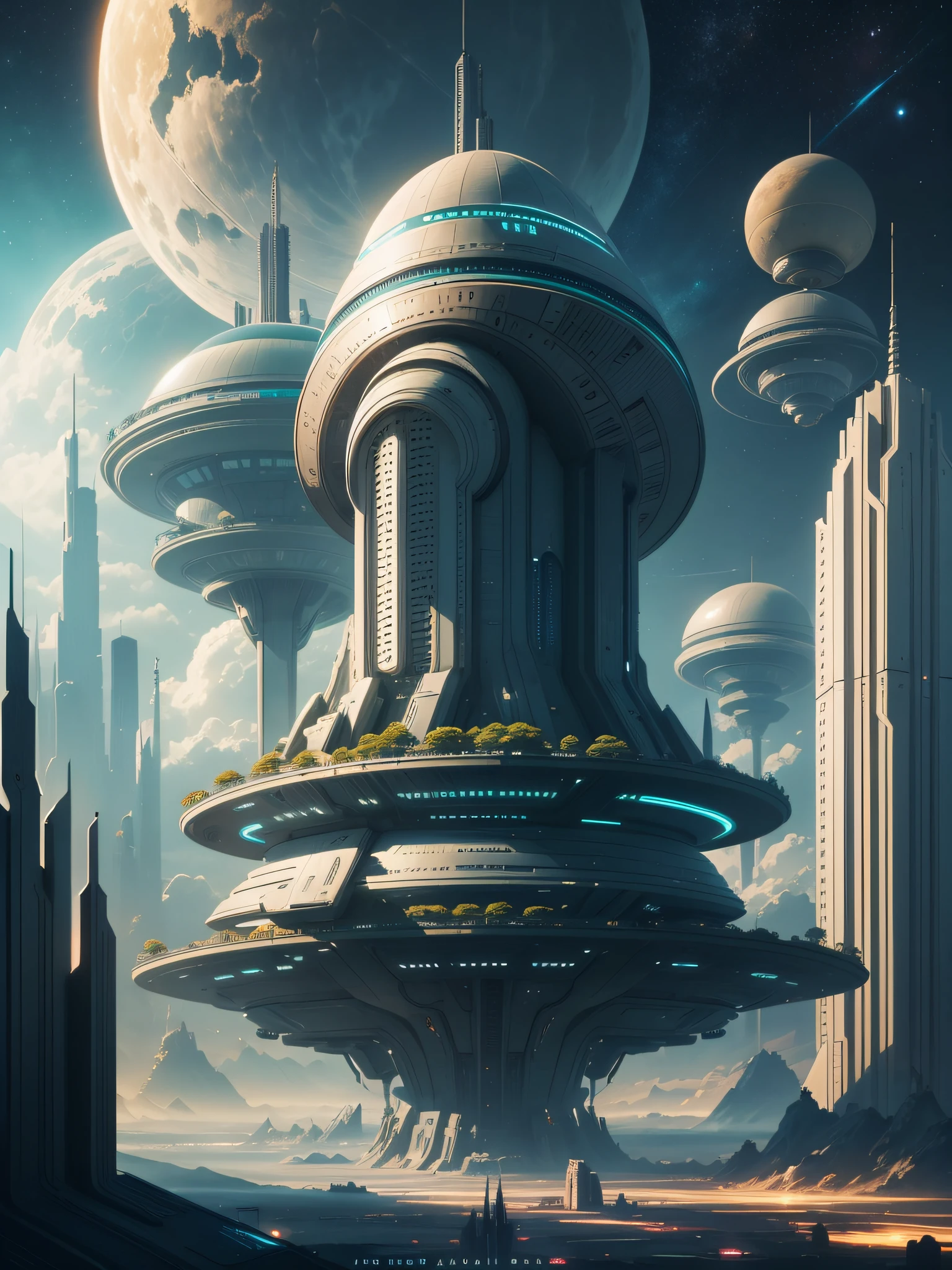 futuristic city, 24th century, spaceship, space colony, futuristic society