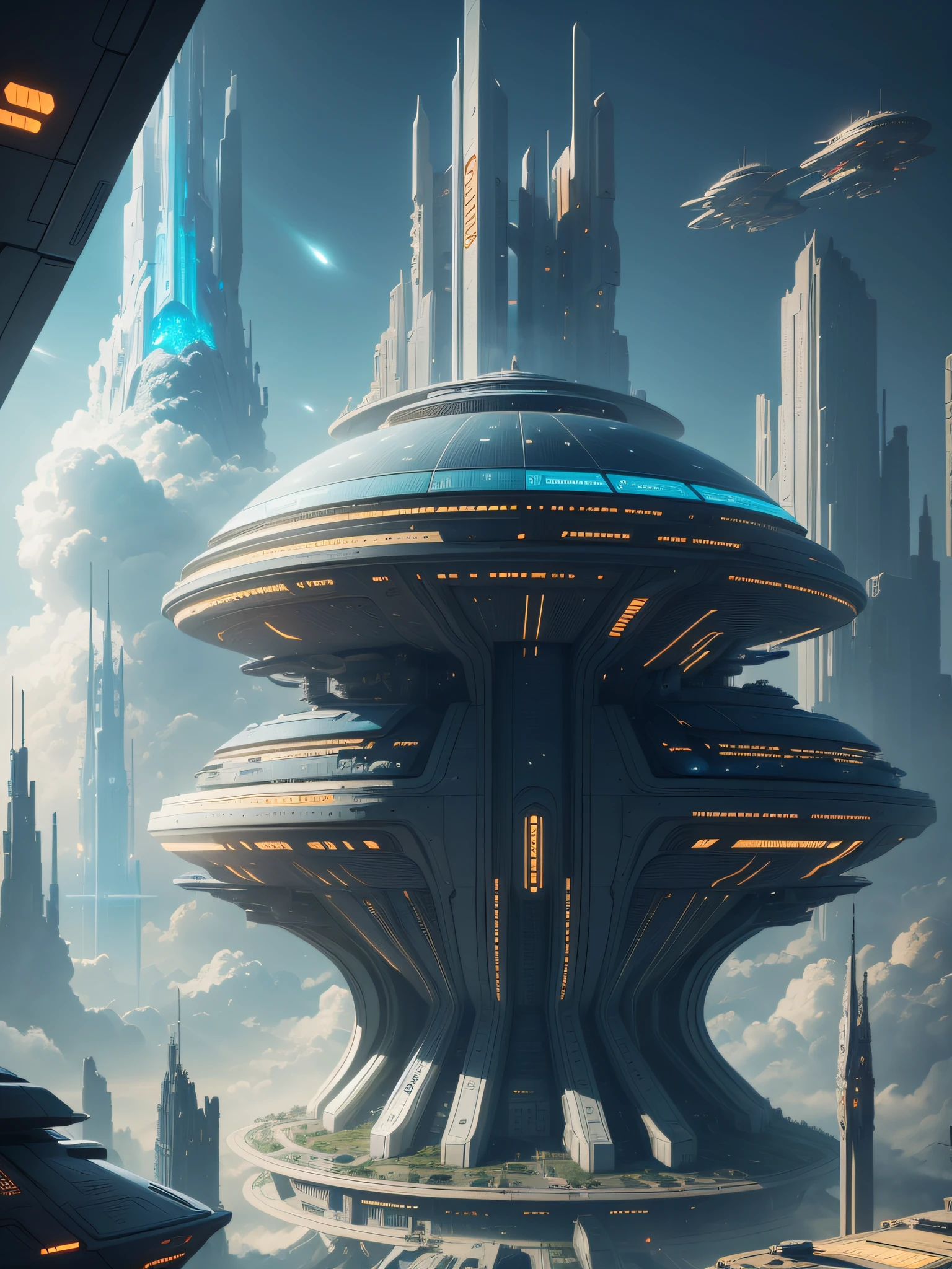 futuristic city, 24th century, spaceship, space colony, futuristic society