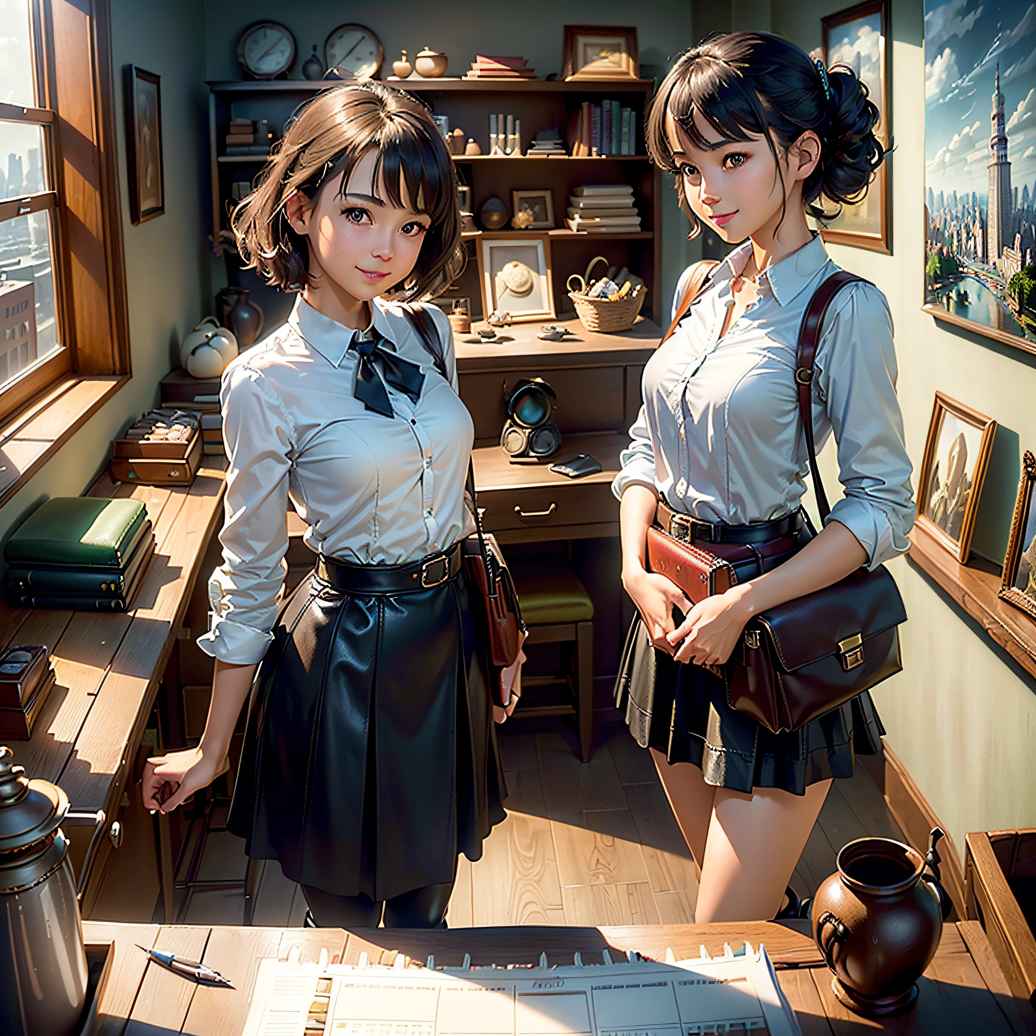 (masterpiece, highest quality, highest resolution, distinct_image, very elaborate CG, cinematic lighting, ray tracing, drop shadows, detailed detail, (photorealistic: 1.4), high quality textures, fine-grained, realistic face expression): (lone girl, face is Japan, brown short hair, hair tied back, small size breasts, sparkly eyes, eye level shots, happy smile, beauty, slim body, holiday, own room, console games, computer, display, keyboard, mouse, leather long skirt, collared shirt, leather vest, handgun holder, carrying leather bag on back, long boots, antique radio, coffee, model train, bookshelf, Spacious chairs, pots, fans, paintings, stuffed animals, ties, notebooks, stationery, vases, photo frames, letters, fountain pens, calendars, lamps, cushions, baskets, mirrors reflecting in profile, candles, newspapers, sweets, city view outside the window, telephone, fruit)