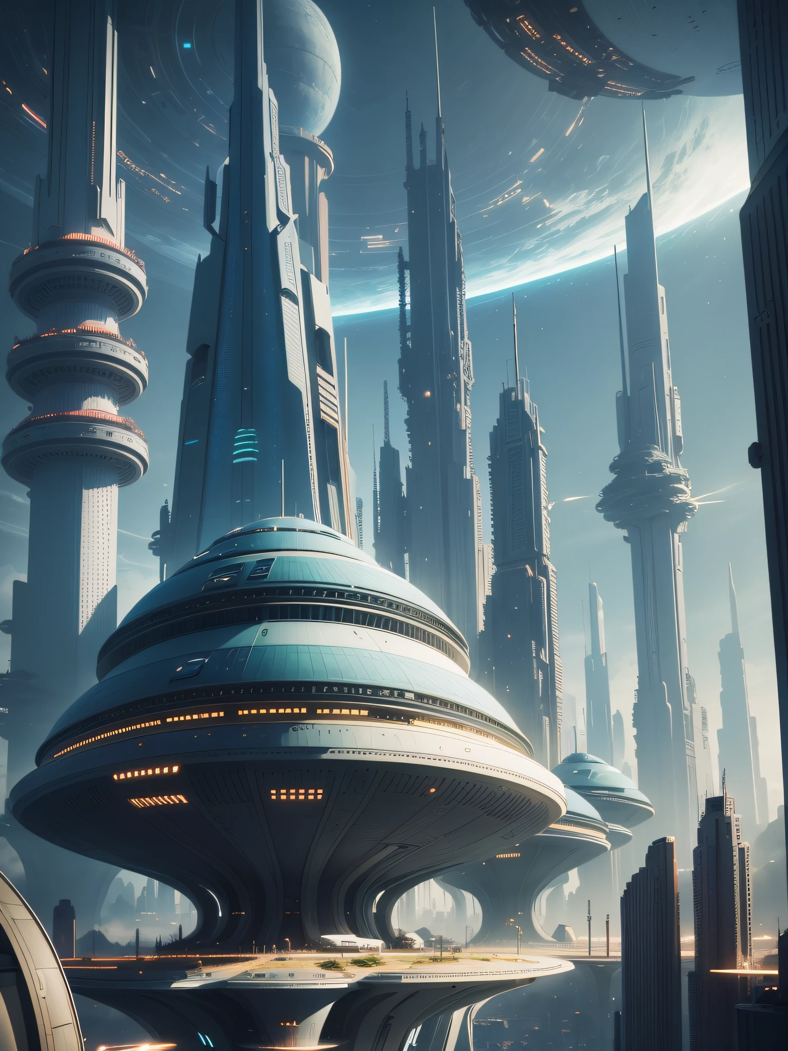 futuristic city, 24th century, spaceship, space colony, futuristic society