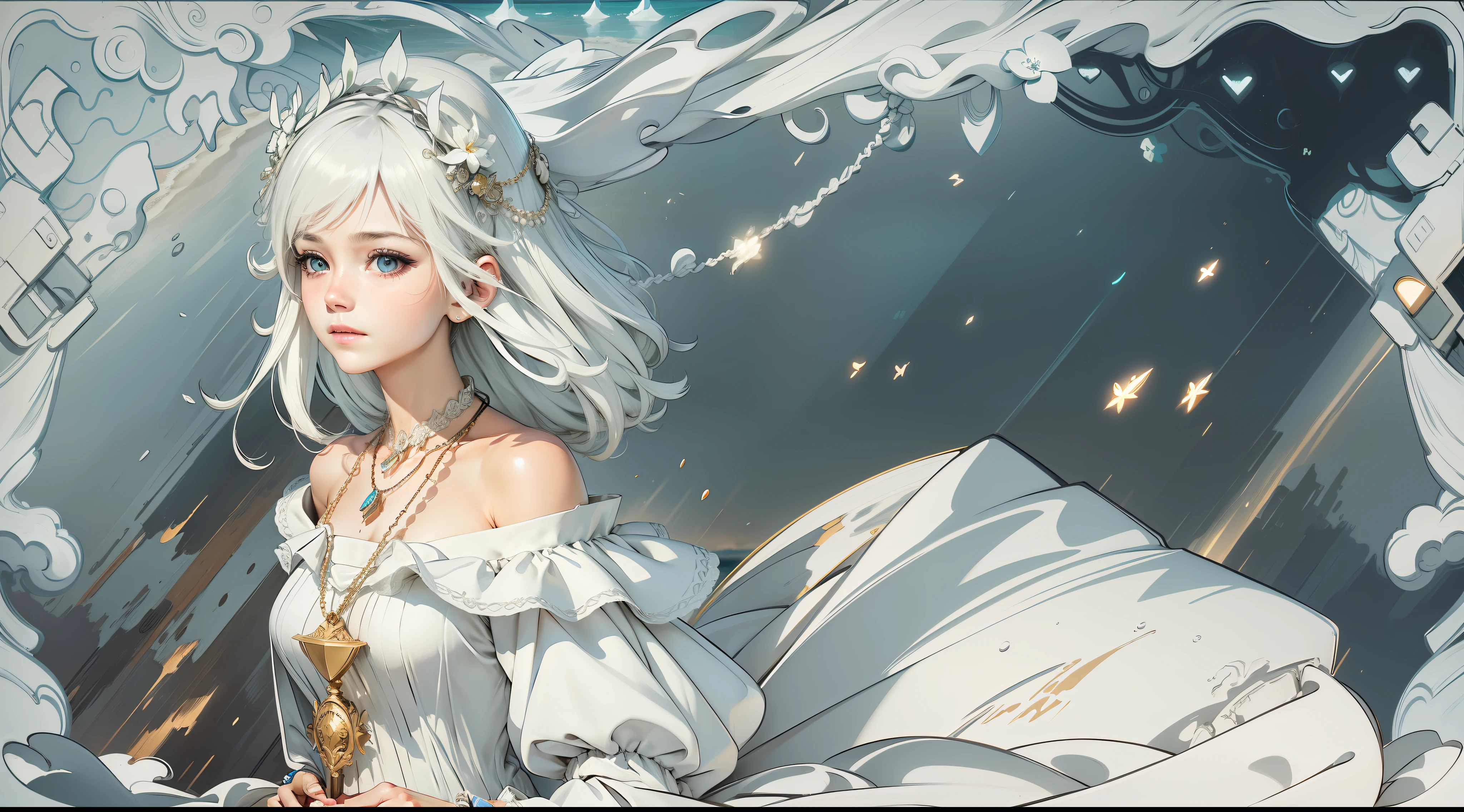 Best Quality, Masterpiece, High Resolution, 1 Girl, Long White Dress, Hair Accessory, Masonry Necklace, Beautiful Face, Standing in the Heart of the Coast, Hand Pulling Hair, Tyndall Effect, Edge Lighting, Two-tone Lighting, (High Detail Skin: 1.2), 8k UHD, DSLR, Soft Light, High Quality, Volumetric Light, Photo, High Resolution, 4K, 8K, Background Blur