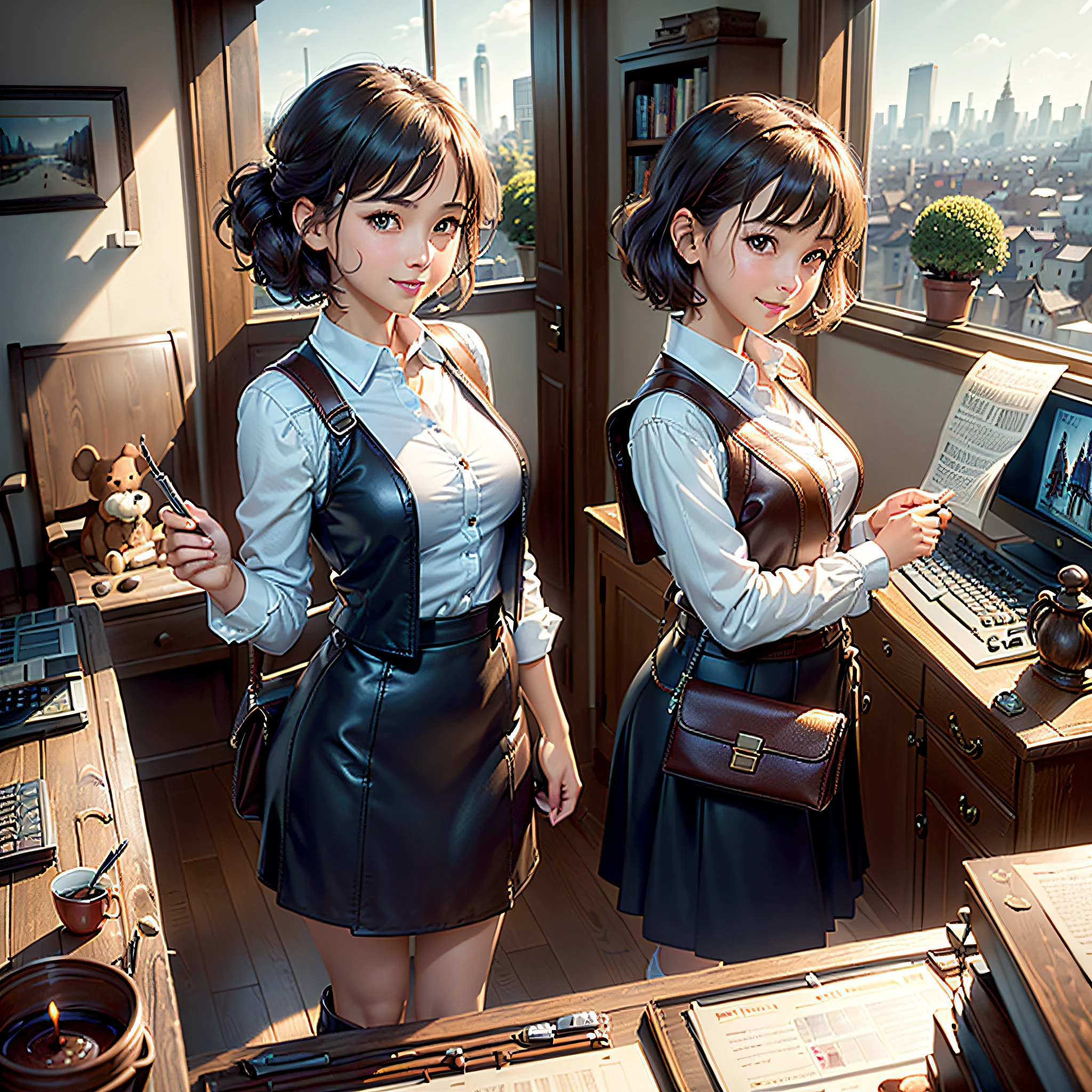 (masterpiece, highest quality, highest resolution, distinct_image, very elaborate CG, cinematic lighting, ray tracing, drop shadows, detailed detail, (photorealistic: 1.4), high quality textures, fine-grained, realistic face expression): (lone girl, face is Japan, brown short hair, hair tied back, small size breasts, sparkly eyes, eye level shots, happy smile, beauty, slim body, holiday, own room, console games, computer, display, keyboard, mouse, leather long skirt, collared shirt, leather vest, handgun holder, carrying leather bag on back, long boots, antique radio, coffee, model train, bookshelf, Spacious chairs, pots, fans, paintings, stuffed animals, ties, notebooks, stationery, vases, photo frames, letters, fountain pens, calendars, lamps, cushions, baskets, mirrors reflecting in profile, candles, newspapers, sweets, city view outside the window, telephone, fruit)