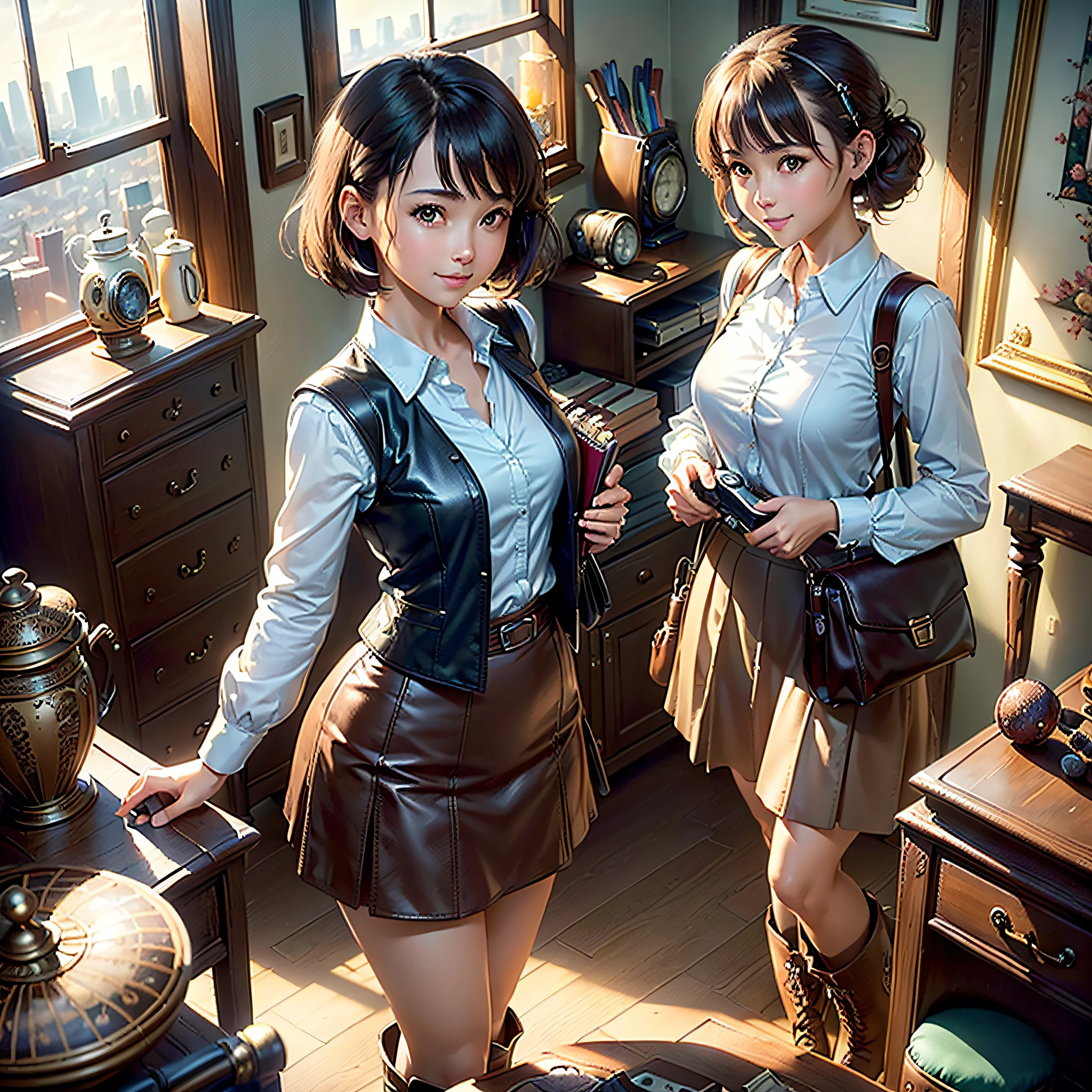 (masterpiece, highest quality, highest resolution, distinct_image, very elaborate CG, cinematic lighting, ray tracing, drop shadows, detailed detail, (photorealistic: 1.4), high quality textures, fine-grained, realistic face expression): (lone girl, face is Japan, brown short hair, hair tied back, small size breasts, sparkly eyes, eye level shots, happy smile, beauty, slim body, holiday, own room, console games, computer, display, keyboard, mouse, leather long skirt, collared shirt, leather vest, handgun holder, carrying leather bag on back, long boots, antique radio, coffee, model train, bookshelf, Spacious chairs, pots, fans, paintings, stuffed animals, ties, notebooks, stationery, vases, photo frames, letters, fountain pens, calendars, lamps, cushions, baskets, mirrors reflecting in profile, candles, newspapers, sweets, city view outside the window, telephone, fruit)