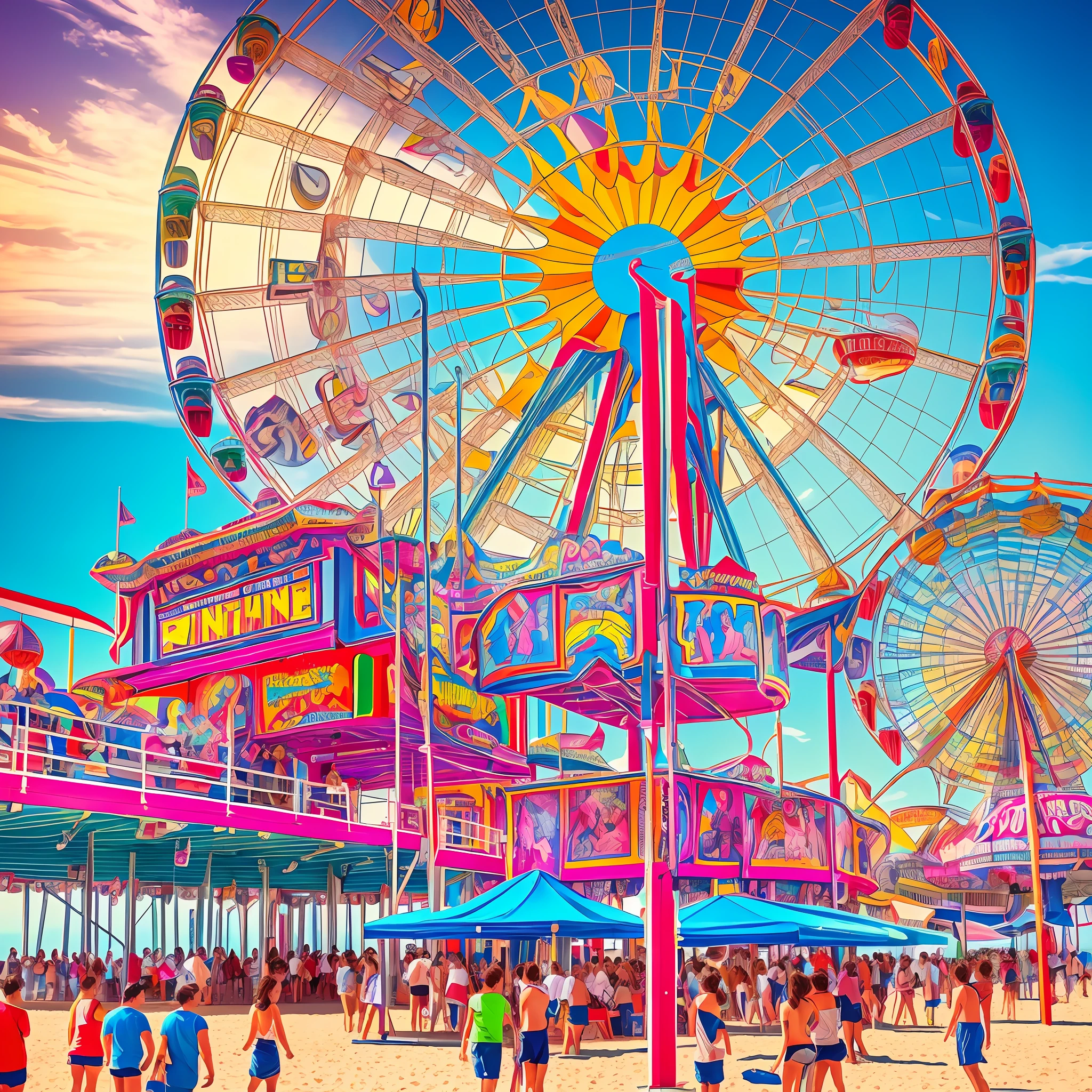 Pop art, photorealistic, masterpiece, top quality, ultra detailed, HDR, 8K, dancing in the wind on the beach at Santa Monica Pier with amusement park music ringing in your ears --auto --s2