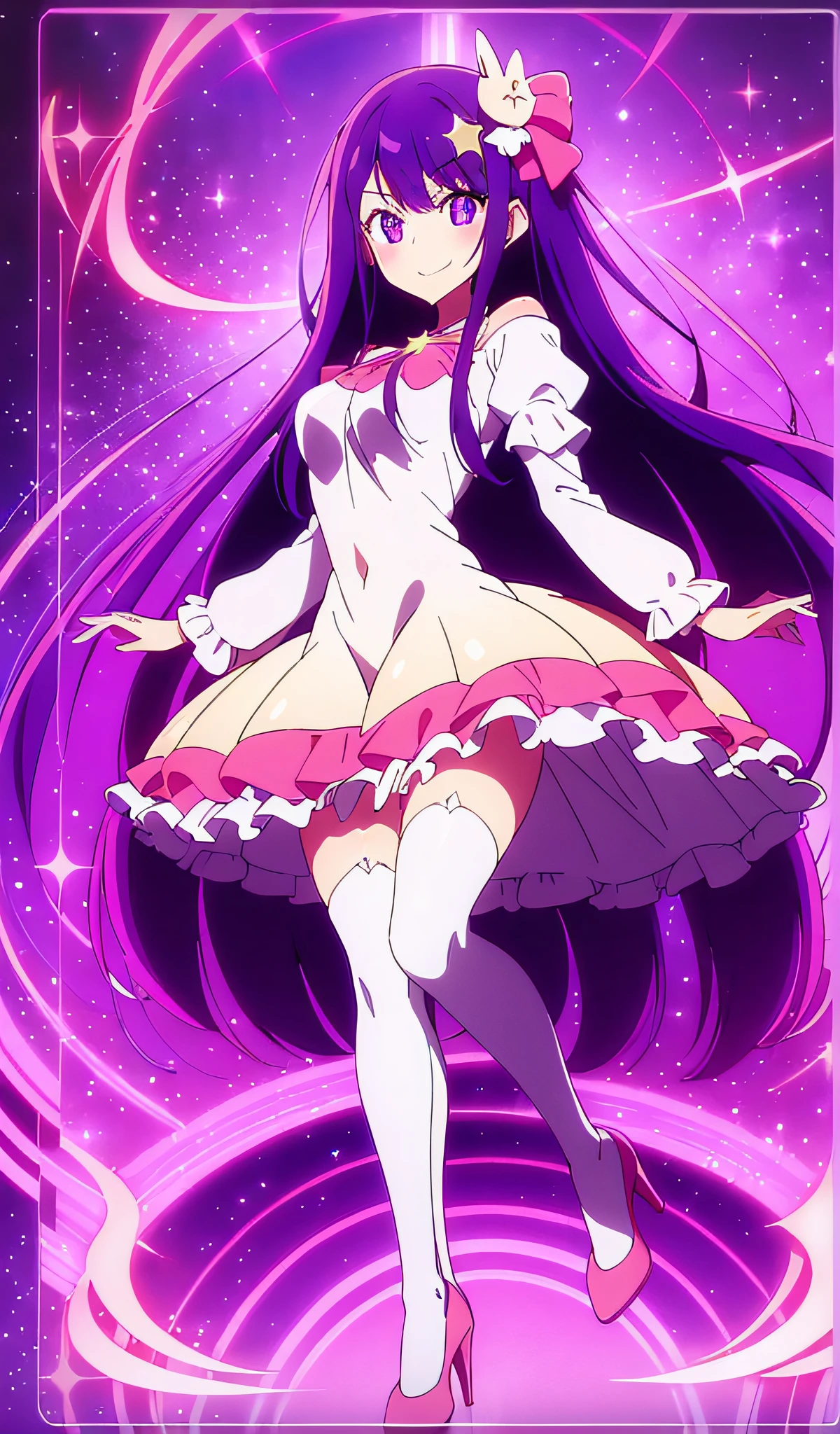 (1 Girl: 0.6) Ai Hoshino, girl with long hair holding magic wand and purple dress, purple albedo, anime moe art style, (movie quality: 0.3), anime shoujo, singer, purple eyes, magical girl, zero sauce art, magical girl anime majo, white shirt, purple long hair, (stockings), (star pupil: 1.5), (delicate facial features: 0.6), head decoration, (delicate hands: 0.9), white dress, (big eyes: 0.5), smile, stage, standing, high heels, (pattern decoration on head), normal head, (tall long legs: 0.8), (long purple hair: 0.5), (shawl scatter), (diamond shine: 0.9), (crouching), (bright smile: 0.9)