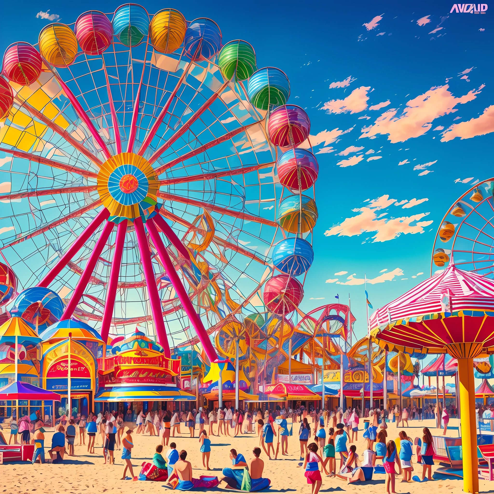 Pop art, photorealistic, masterpiece, top quality, ultra detailed, HDR, 8K, dancing in the wind on the beach at Santa Monica Pier with amusement park music ringing in your ears --auto --s2