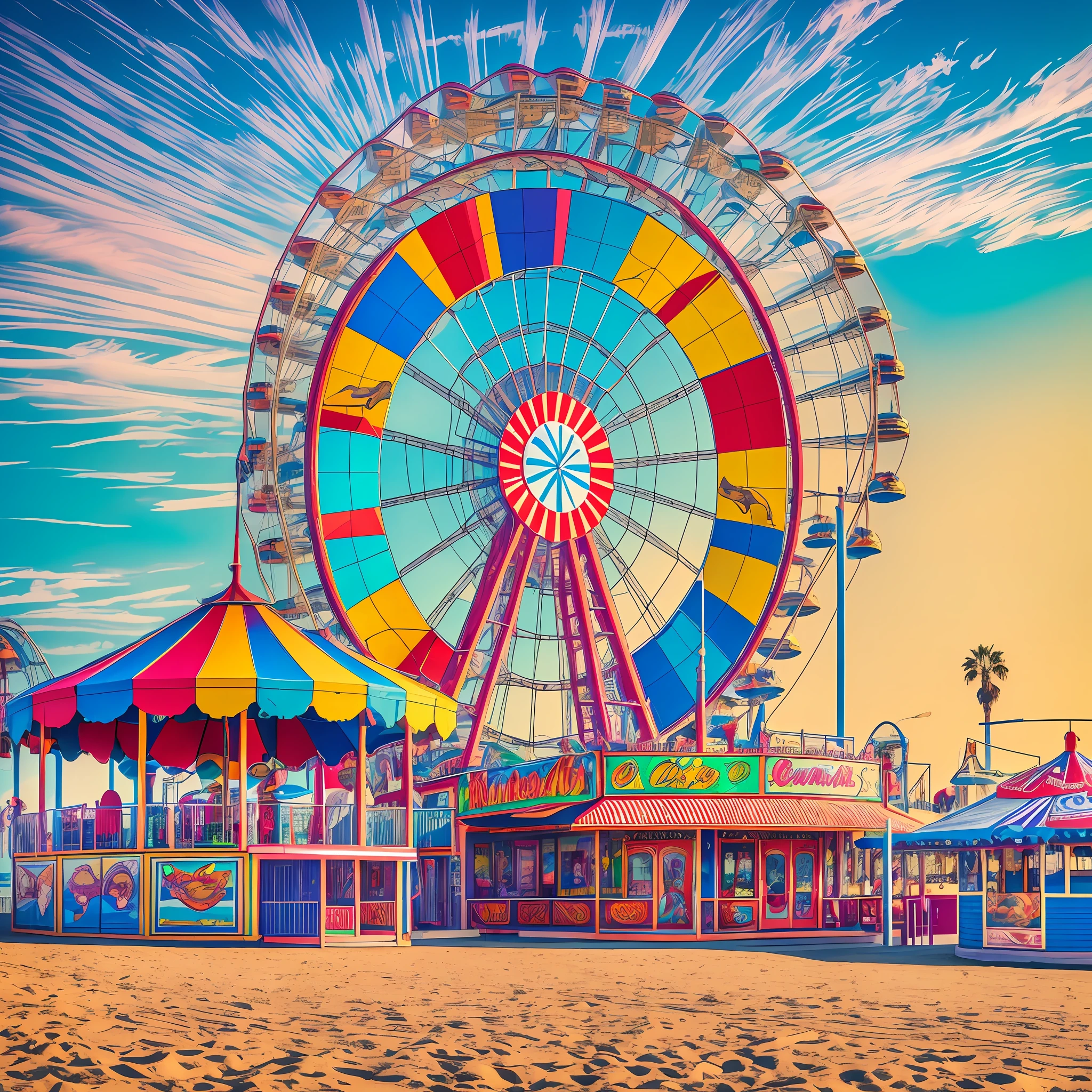 Pop art, photorealistic, masterpiece, top quality, ultra detailed, HDR, 8K, dancing in the wind on the beach at Santa Monica Pier with amusement park music ringing in your ears --auto --s2