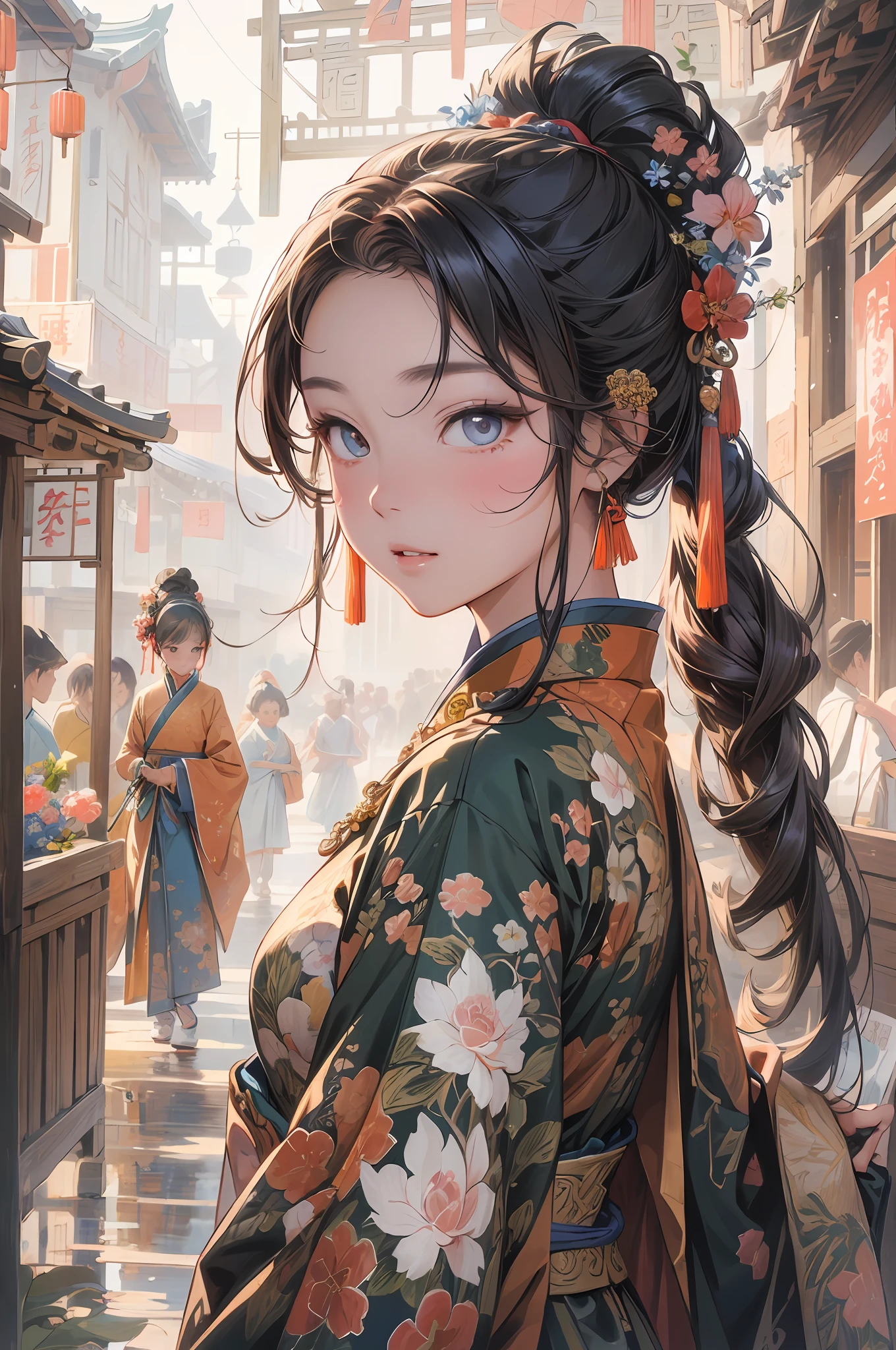 Masterpiece, high quality, highly detailed, (flat color), (pixiv:1.4), Gongbi painting of the Song Dynasty, 1girl, solo, detailed beautiful face and eyes, china dress, detailed background, flowers, illustration, vivd color, cinematic lighting,