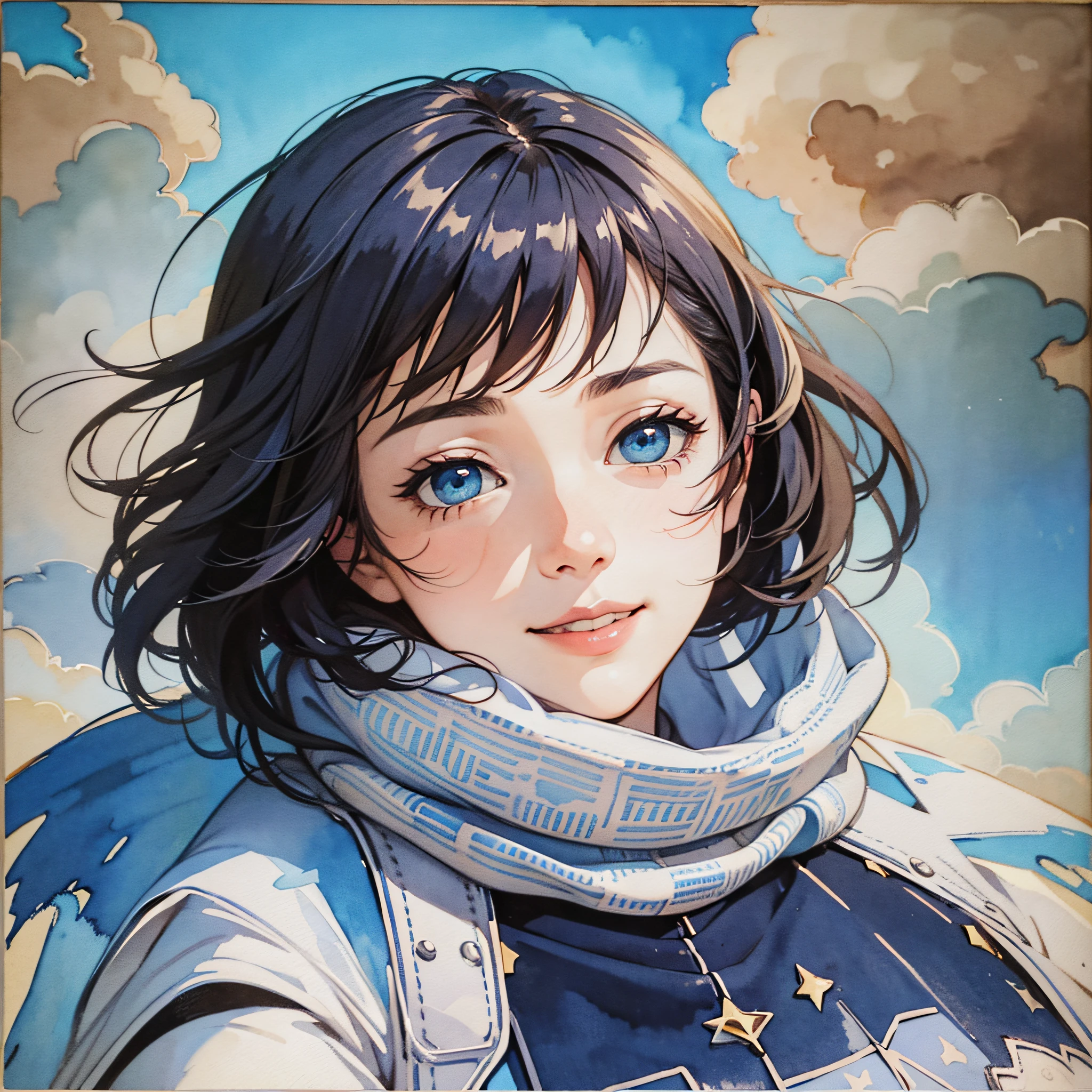 Enrich its details, comic book style, lying on the ground, holding the face, highlighting the roundness, watercolor, exaggerated details of the face, anthropomorphic, realistic. A smile can be bowed. Blue sky and white clouds in the background --auto --s2