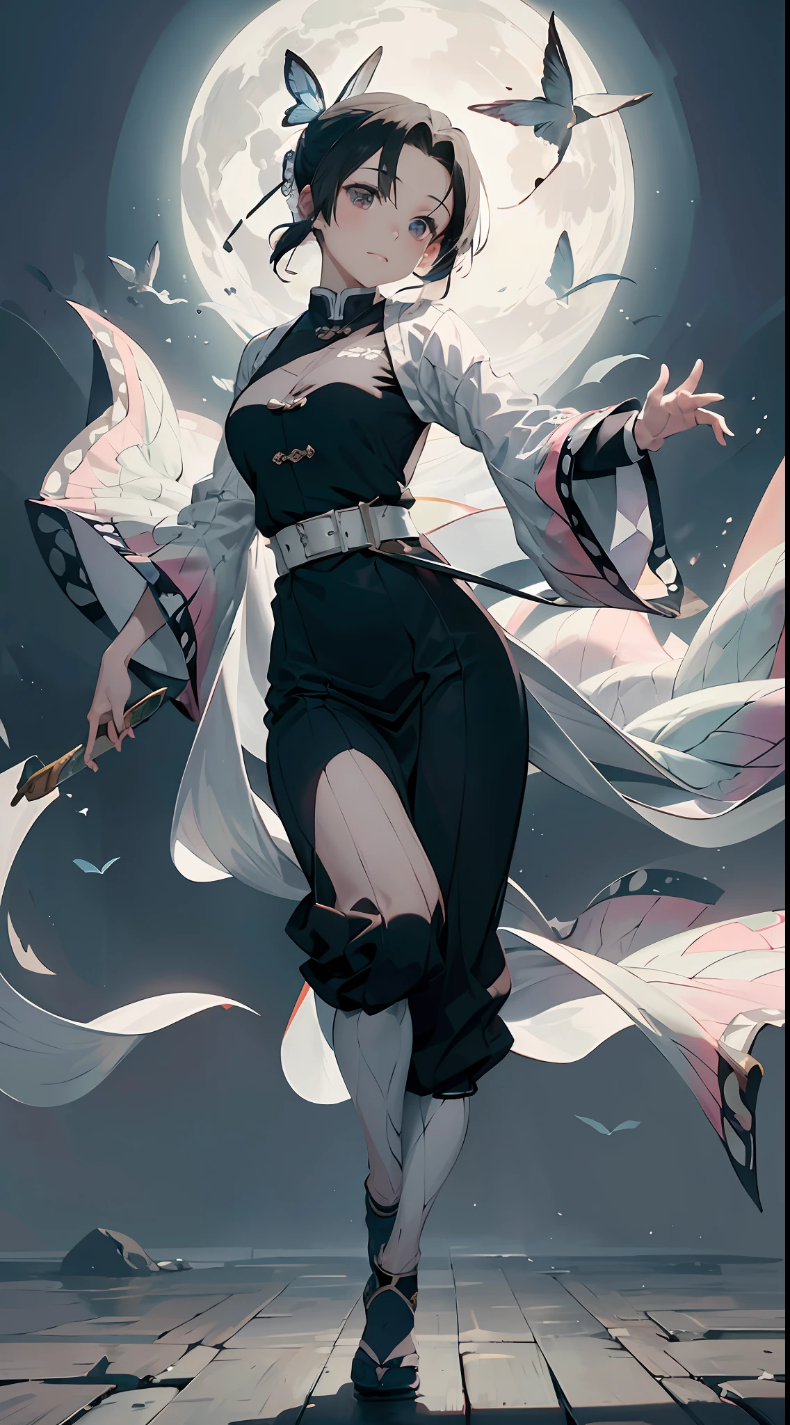 ((Best Quality)), featuring an elegant ancient Chinese woman dancing with a sword in a white and gray studio background. The artwork is rendered in high resolution and ultra-detailed elements, bringing out the beauty and elegance of women's movements and costumes. The lady is portrayed as a full-body portrait with a calm and focused expression. She wears traditional Chinese costumes, with flowing sleeves and long skirts that sway with her movements. Decorated with intricate embroidery and exquisite details, the dress reflects the refined taste and sophistication of ancient Chinese fashion. The sword is an extension of her body, moving in harmony with her every step and rotation. The white and gray background provides a simple and elegant contrast, highlighting the smooth and elegant movements of women.