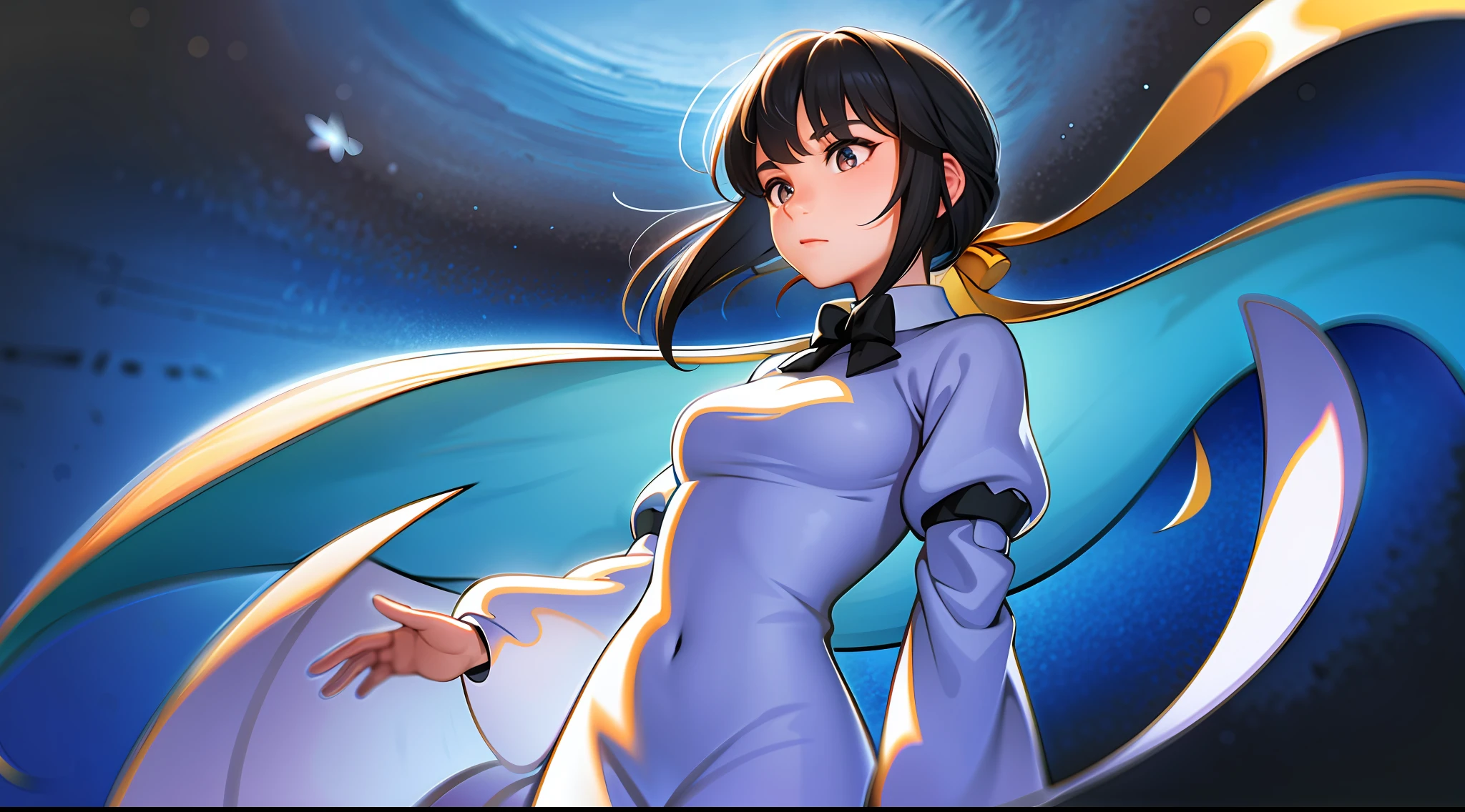 ridiculously high resolution, masterpiece, super detailed, solo, 1girl, with black hair and white eyes, watching to the sky, standing on the ground, milky way in the sky