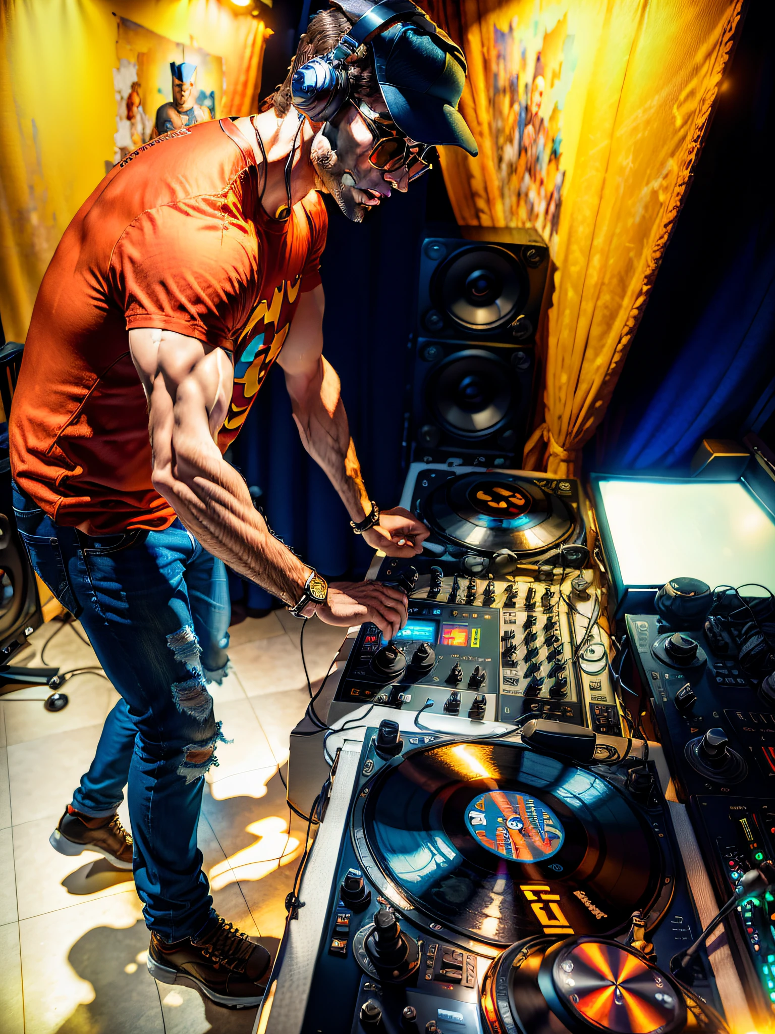 ((best quality)), (super detail)), ((masterpiece)), photo, scene: equipped radio studio, theme: character: brunette man, appearance: DJs, glasses headphones and microphone in a booth, action: dancing, facial expression: expressive, holds vinyl records, batman t-shirt, blue jeans, white sneakers, perspective: 4K.