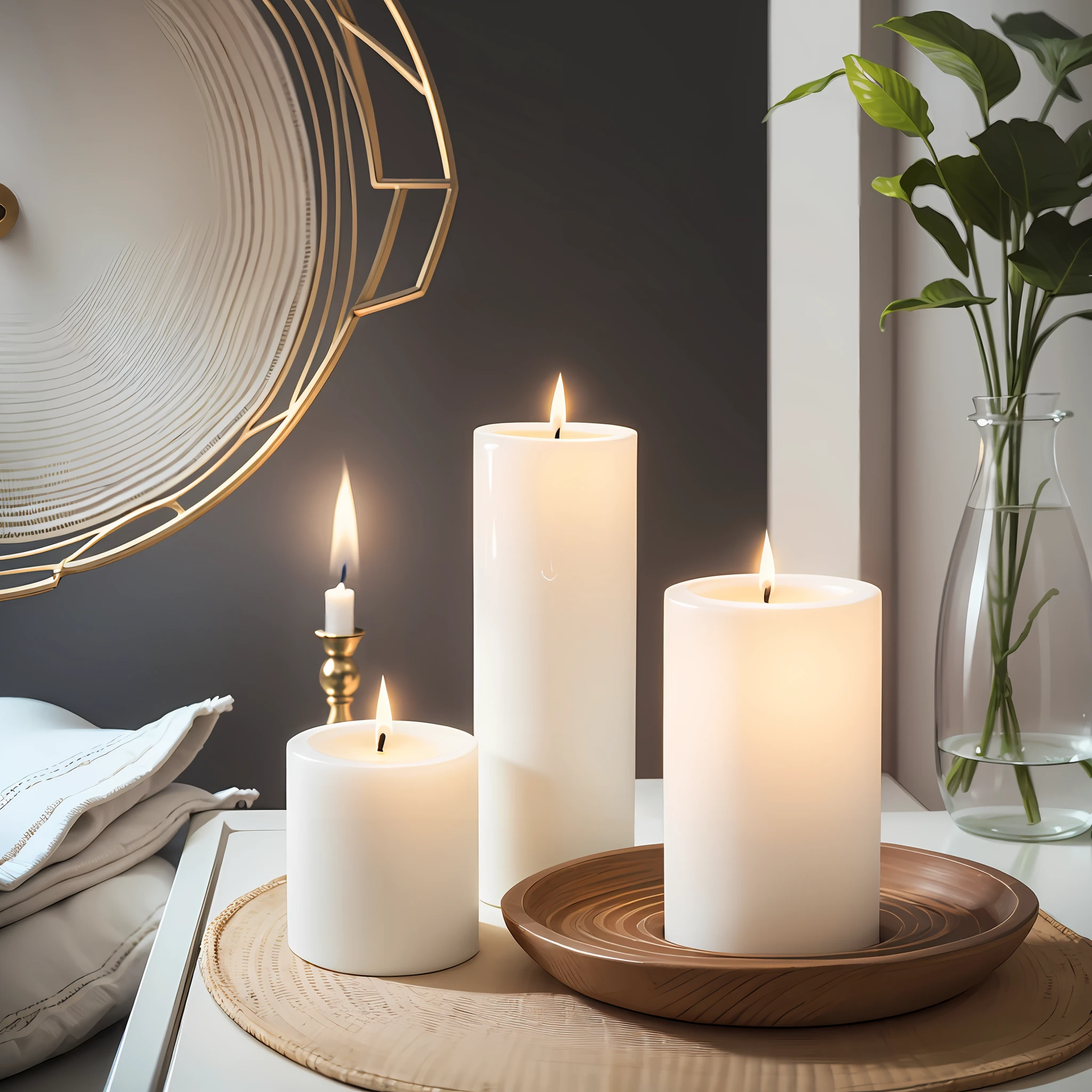 Aromatic candles, white vase on top of a table, minimalist room --auto --s2