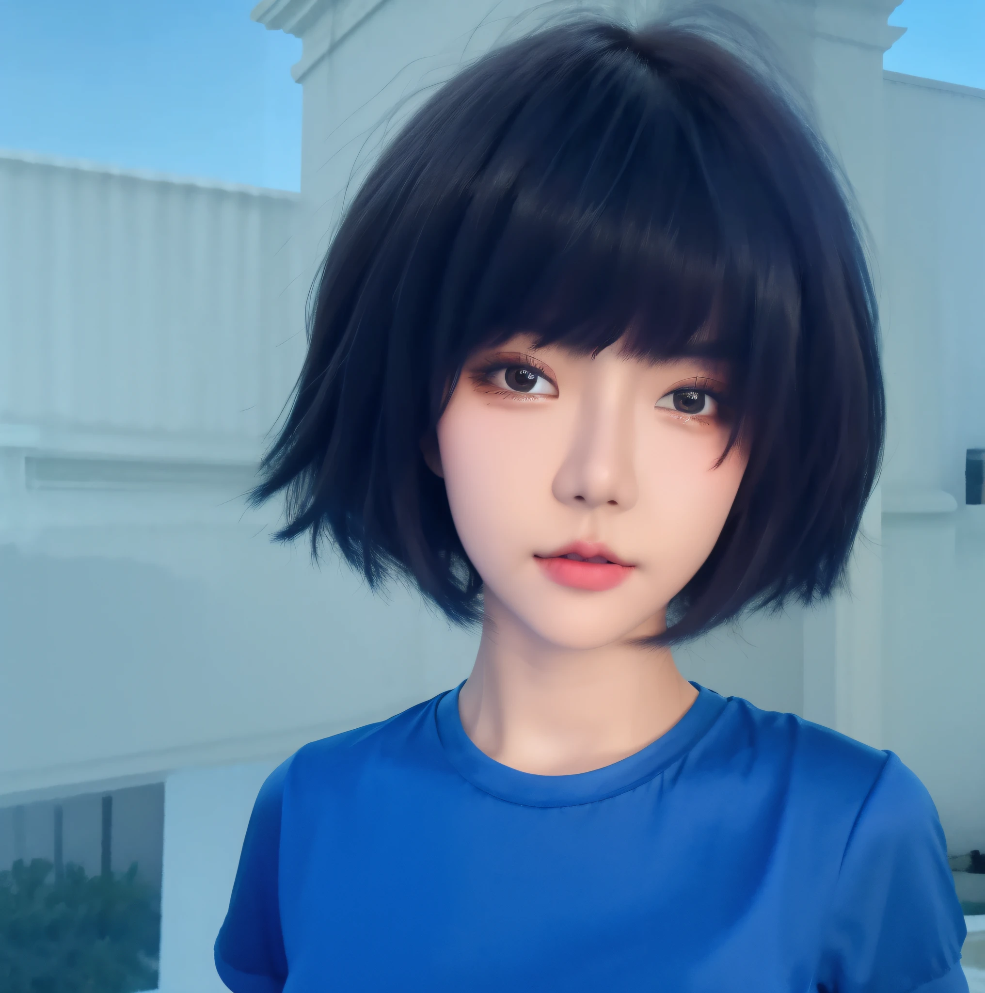 Short hair girl, blue short sleeves, ancient architectural landscape background, background blur, 8K ultra-clear, RAW, physical rendering, real lighting, delicate facial features, beautiful and delicate eyes, sexy lips