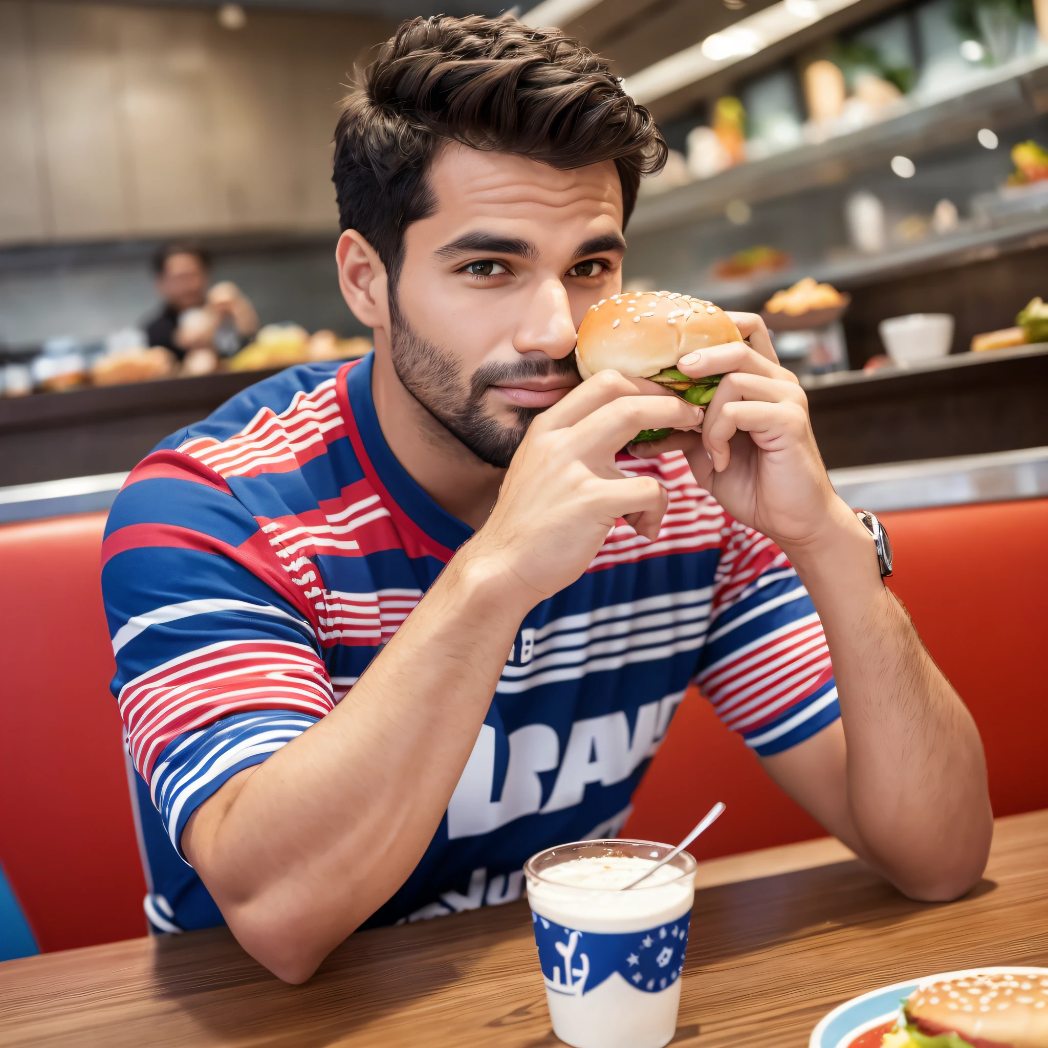 A 30-year-old Brazilian man eating hamburger in a modern cafeteria with interior decorated in blue and red colors. He's happy, looking at the camera. Super detailed, photo. --auto --s2