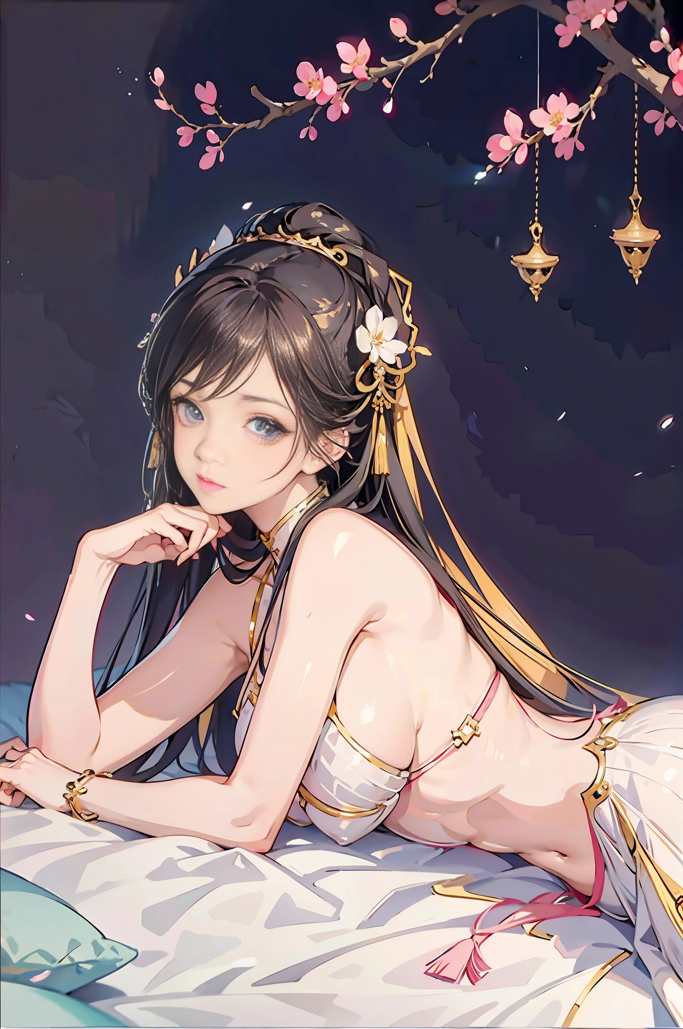 There is a woman lying on the bed with her hips up, anime girl lying on her stomach, anime. Soft lighting, beautiful anime girl lying on her stomach with her hips facing up, her buttocks back facing the camera, her face not looking at the camera. realistic anime, popular on CGSTATION, popular on CGSTATION, seductive anime girls, realistic anime girl rendering, casual pose, [ 4k realism] !!, realistic anime 3D style, attractive erotic pattern stockings,