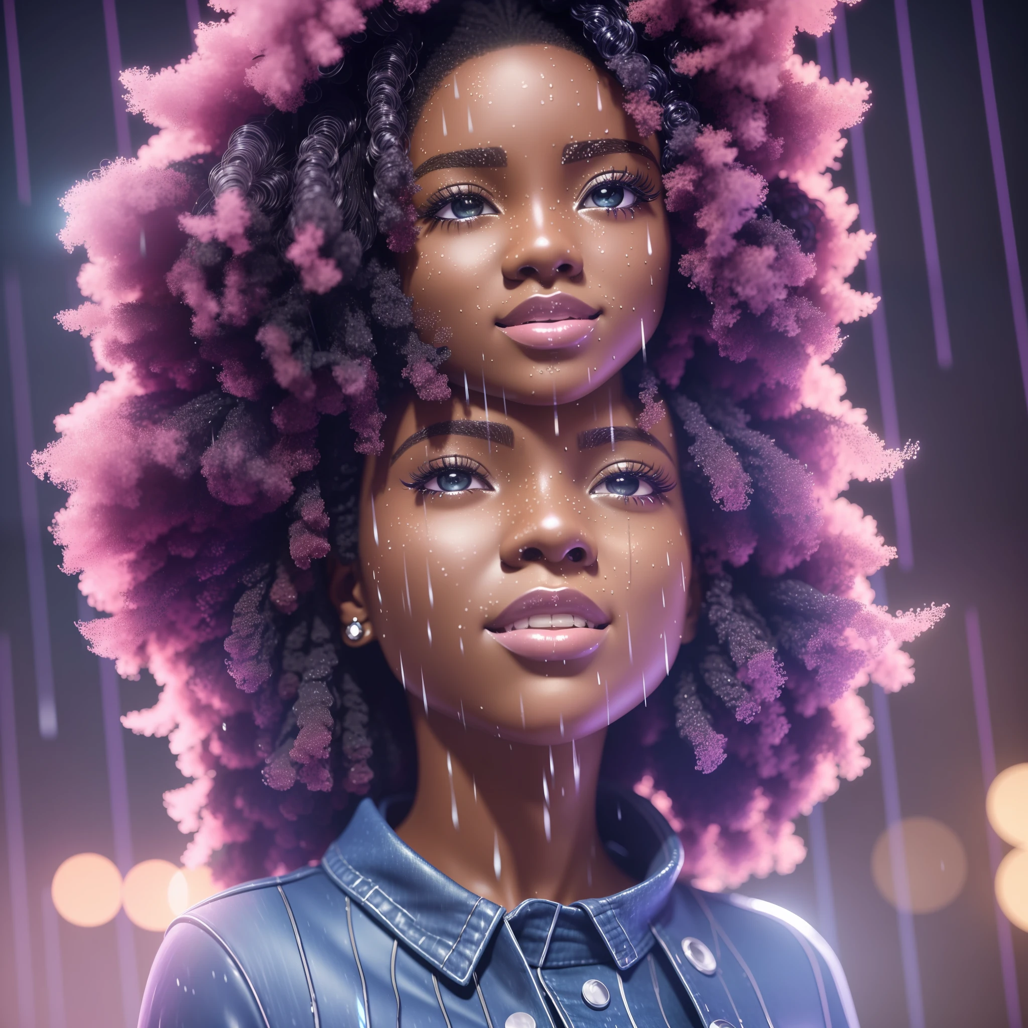 A beautiful 9-month-old Afro-futuristic girl chibi character ((dark skin color)), chibi, cute smile, ((wet in the rain)), wearing blue plain blouse and jeans, current fashion, mega long curly hair hair, ((kanekalon)), (cinematic contour lighting), close-up, product preview, detailed facial details, perfect face, sharpness, trend art, sharp facial details, cgsociety, very high quality digital art, exquisite hyperdetail, 4k, 3D, soft lighting 8k, dreamy fashion --air 9:16 --auto --s2