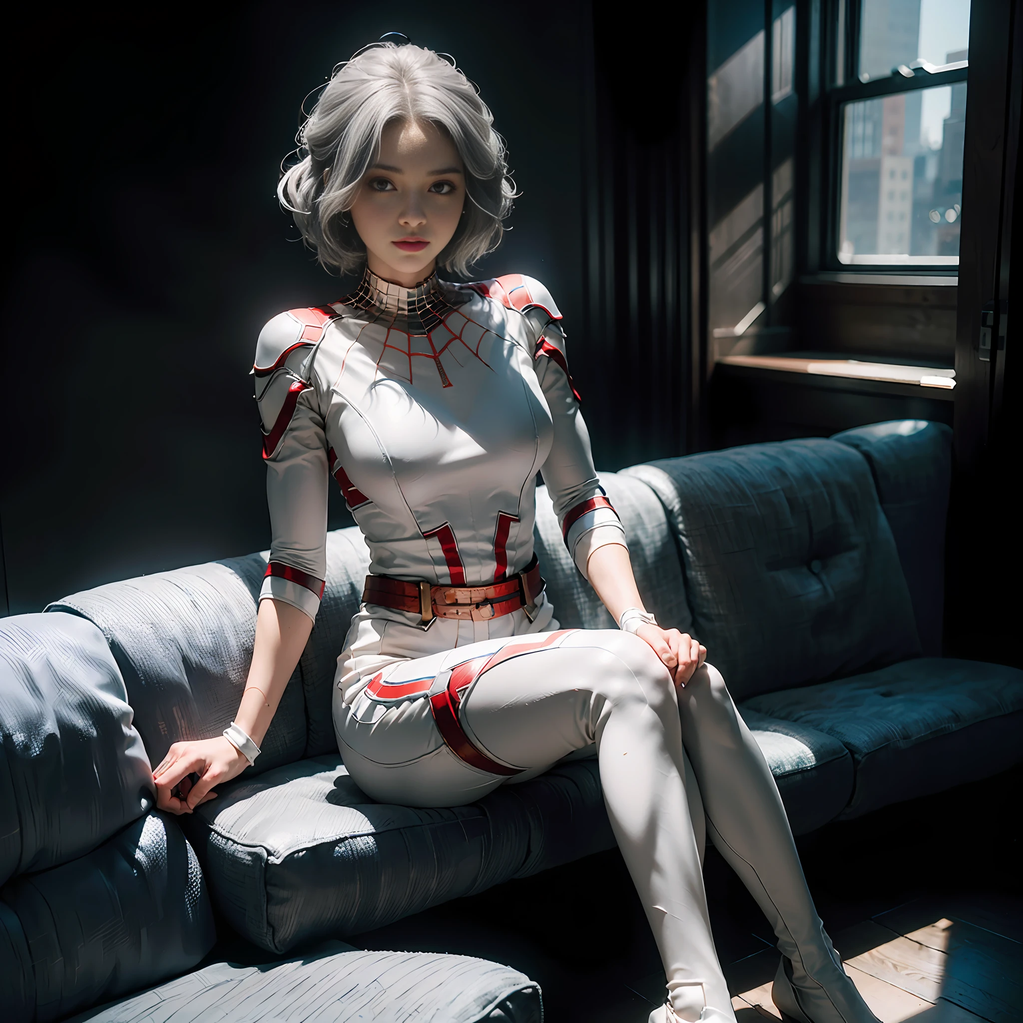 (Extreme Detail CG Unity 8K wallpaper, masterpiece, highest quality), (Exquisite lighting and shadow, highly dramatic picture, Cinematic lens effect), a girl in a white Spider-Man costume, silver gray hair color, from the Spider-Man parallel universe, Wenger, Marvel, Spider-Man, sitting on the couch, dynamic pose), (excellent detail, excellent lighting, wide angle), (excellent rendering, enough to stand out in its class), focus on white Spider-Man costumes, complex spider textures