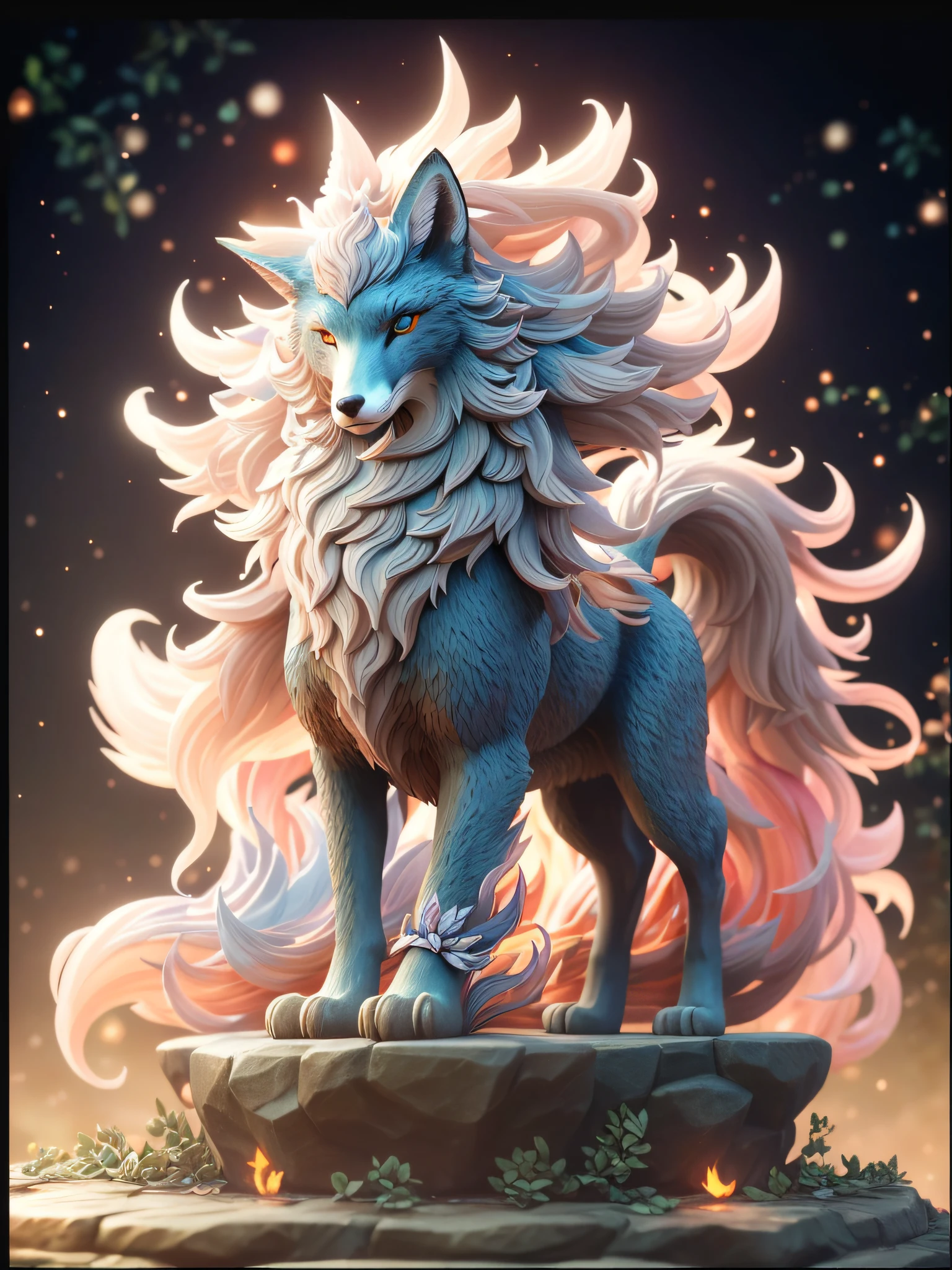 The background is close-up of the fox statue of fire, mythical creatures, mythical creatures, nine layers, 8K high quality detail art, very, very beautiful furry art, furry fantasy art, fantasy creatures, Onmyoji detailed art, fantasy art style, detailed fantasy digital art, detailed fantasy art, detailed digital fantasy art