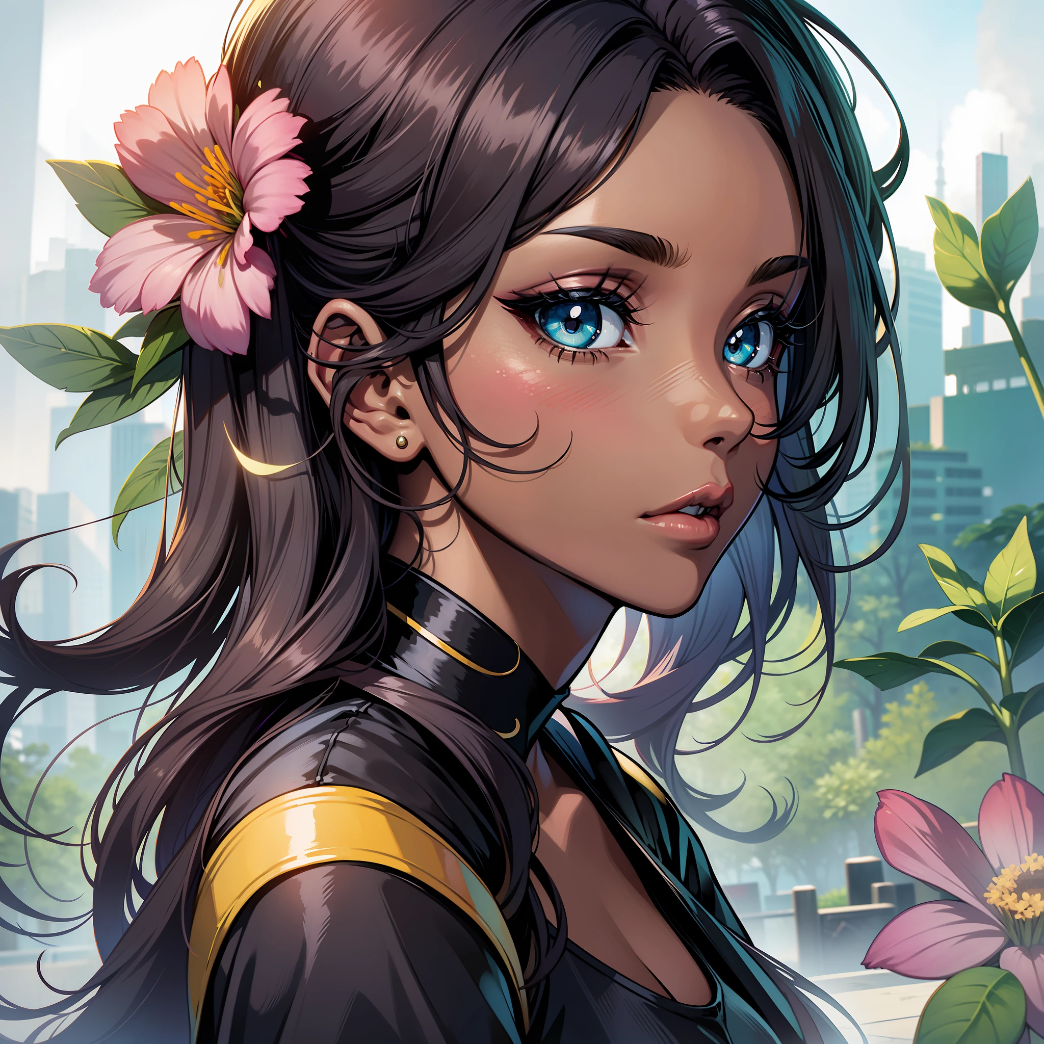 (a young woman:1.2)| (a girl:1.1), dark skin, portrait, makeup, super detailed, Pokemon anime style, green and flowery field, direct look, contoured.