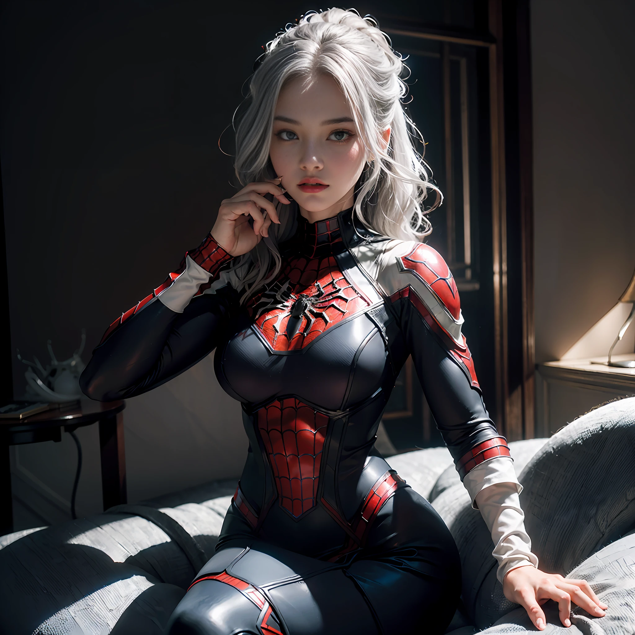 (Extreme Detail CG Unity 8K wallpaper, masterpiece, highest quality), (Exquisite lighting and shadow, highly dramatic picture, Cinematic lens effect), a girl in a white Spider-Man costume, silver gray hair color, from the Spider-Man parallel universe, Wenger, Marvel, Spider-Man, sitting on the couch, dynamic pose), (excellent detail, excellent lighting, wide angle), (excellent rendering, enough to stand out in its class), focus on white Spider-Man costumes, complex spider textures