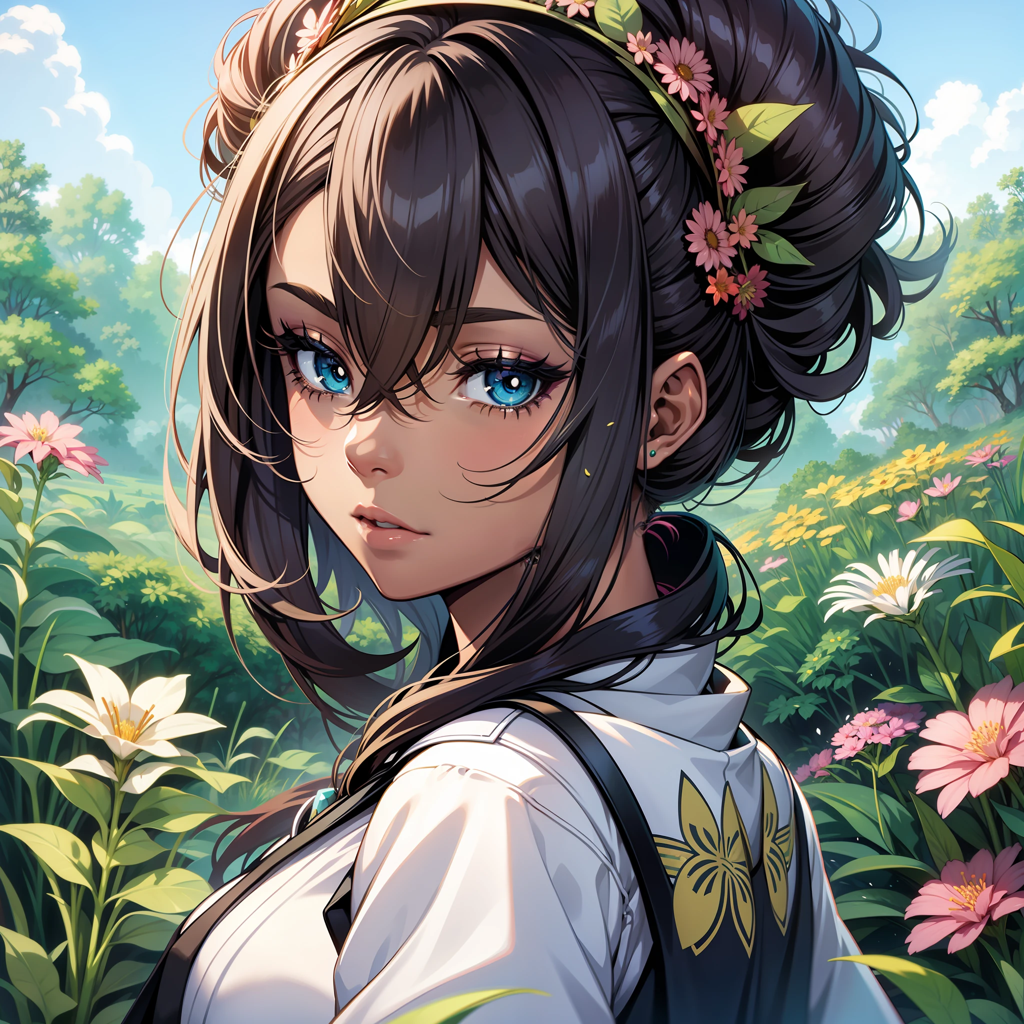 (a young woman:1.2)| (a girl:1.1), dark skin, portrait, makeup, super detailed, Pokemon anime style, green and flowery field, direct look, contoured.